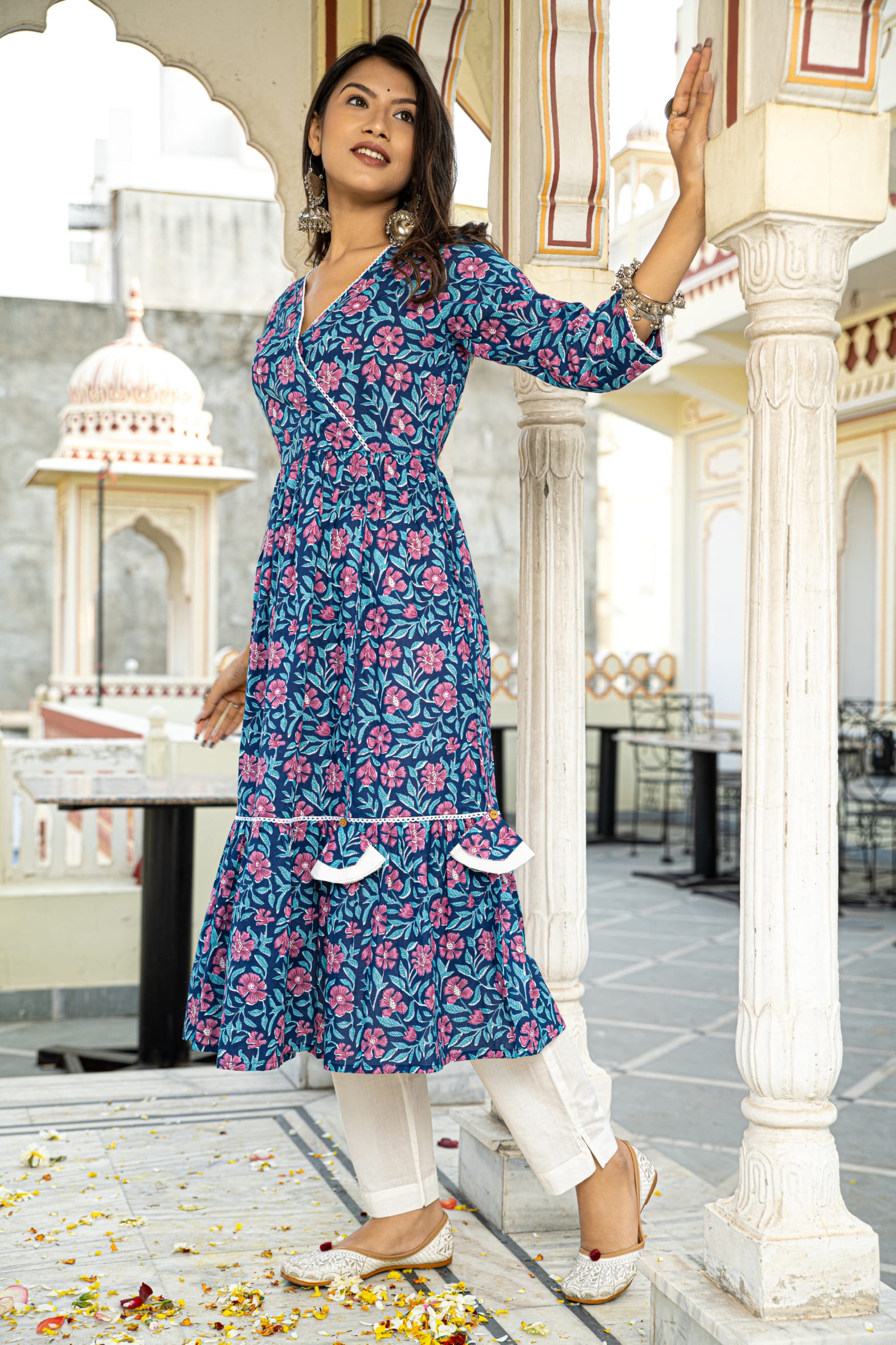 Traditional Blue Printed Cotton Angrakha Kurta White Pants