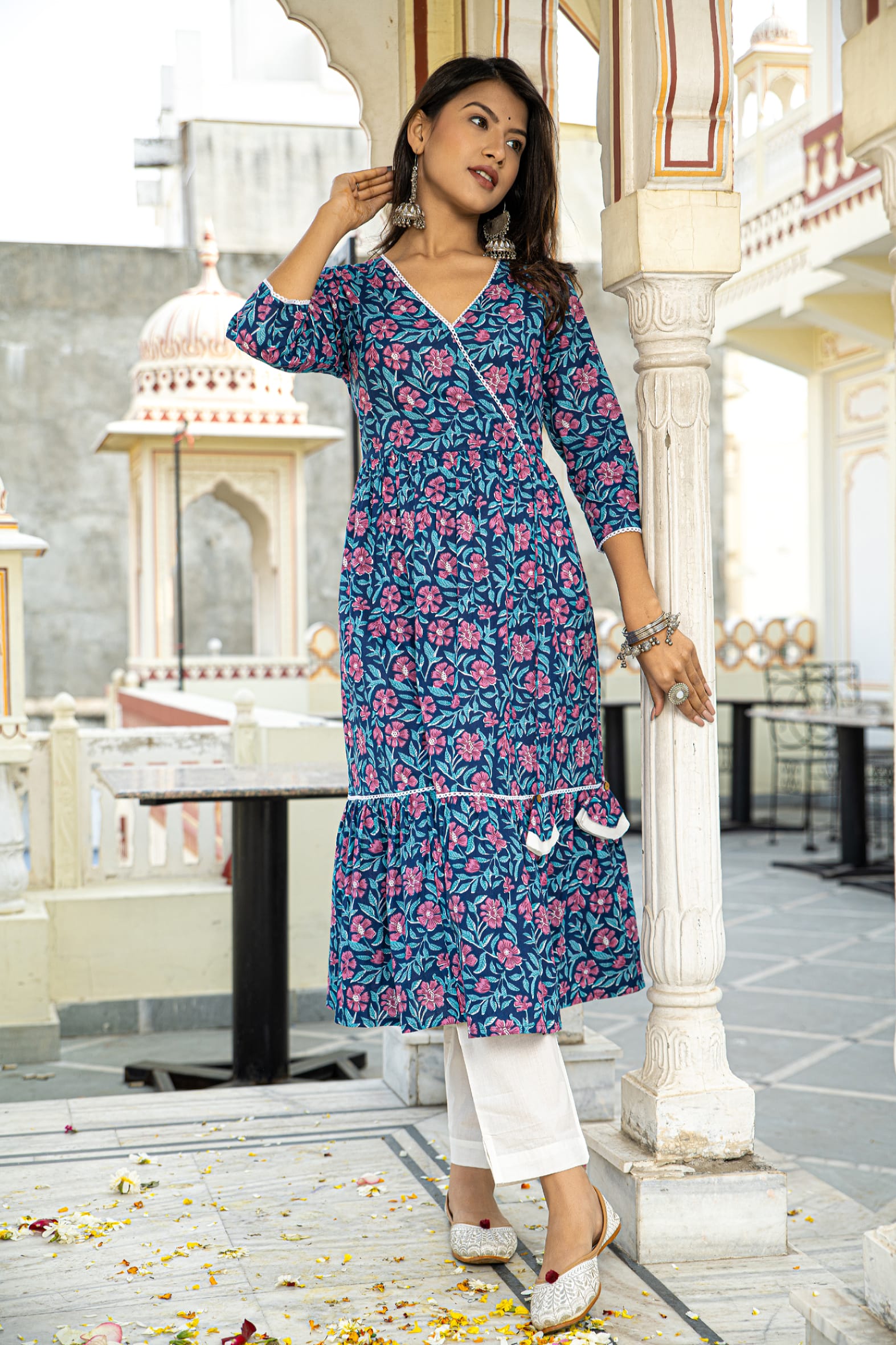 Traditional Blue Printed Cotton Angrakha Kurta White Pants