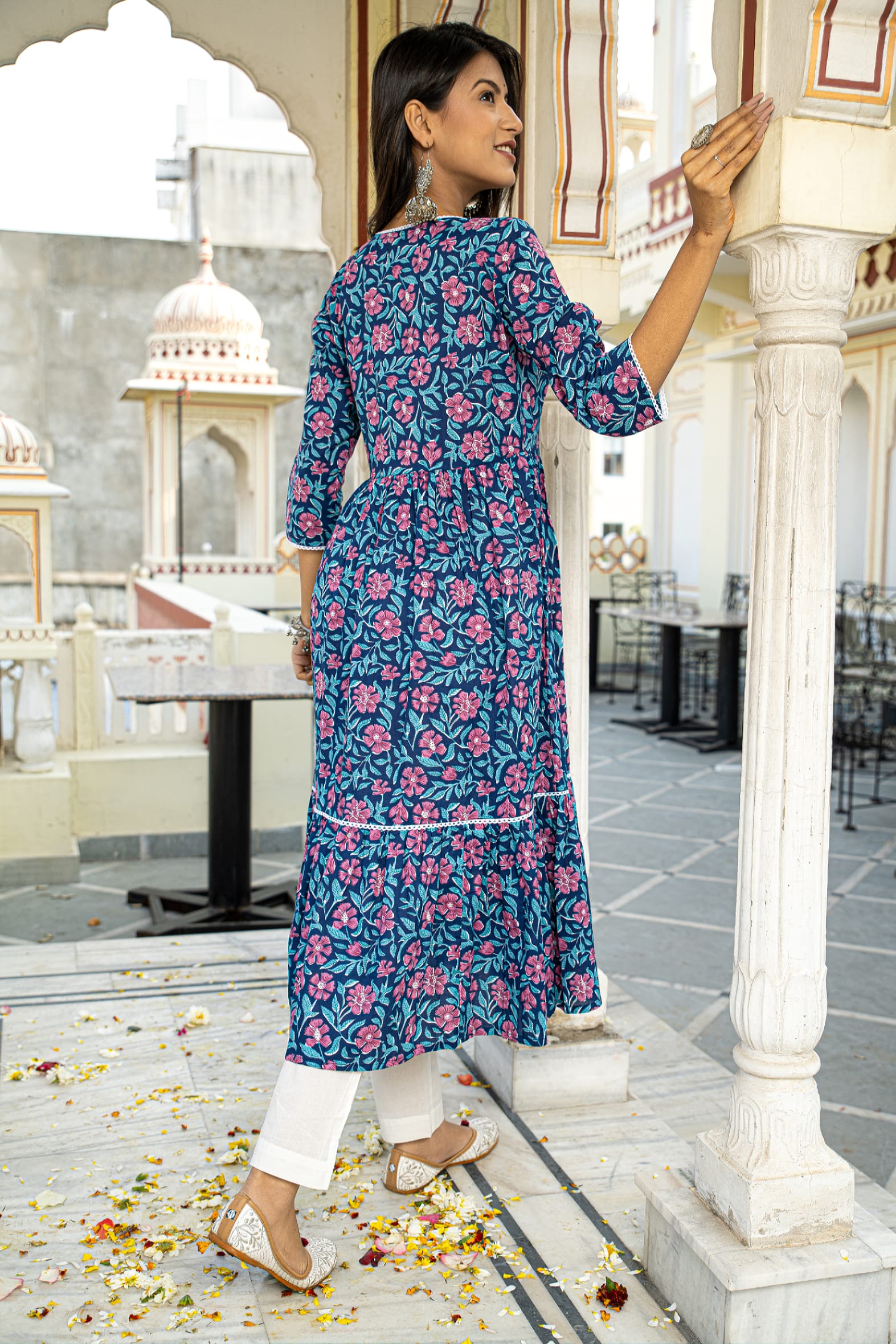 Traditional Blue Printed Cotton Angrakha Kurta White Pants