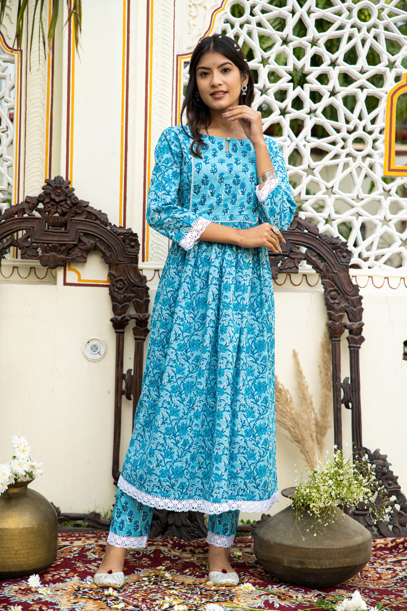 Casual Blue Printed Cotton Kurta with Pants Set