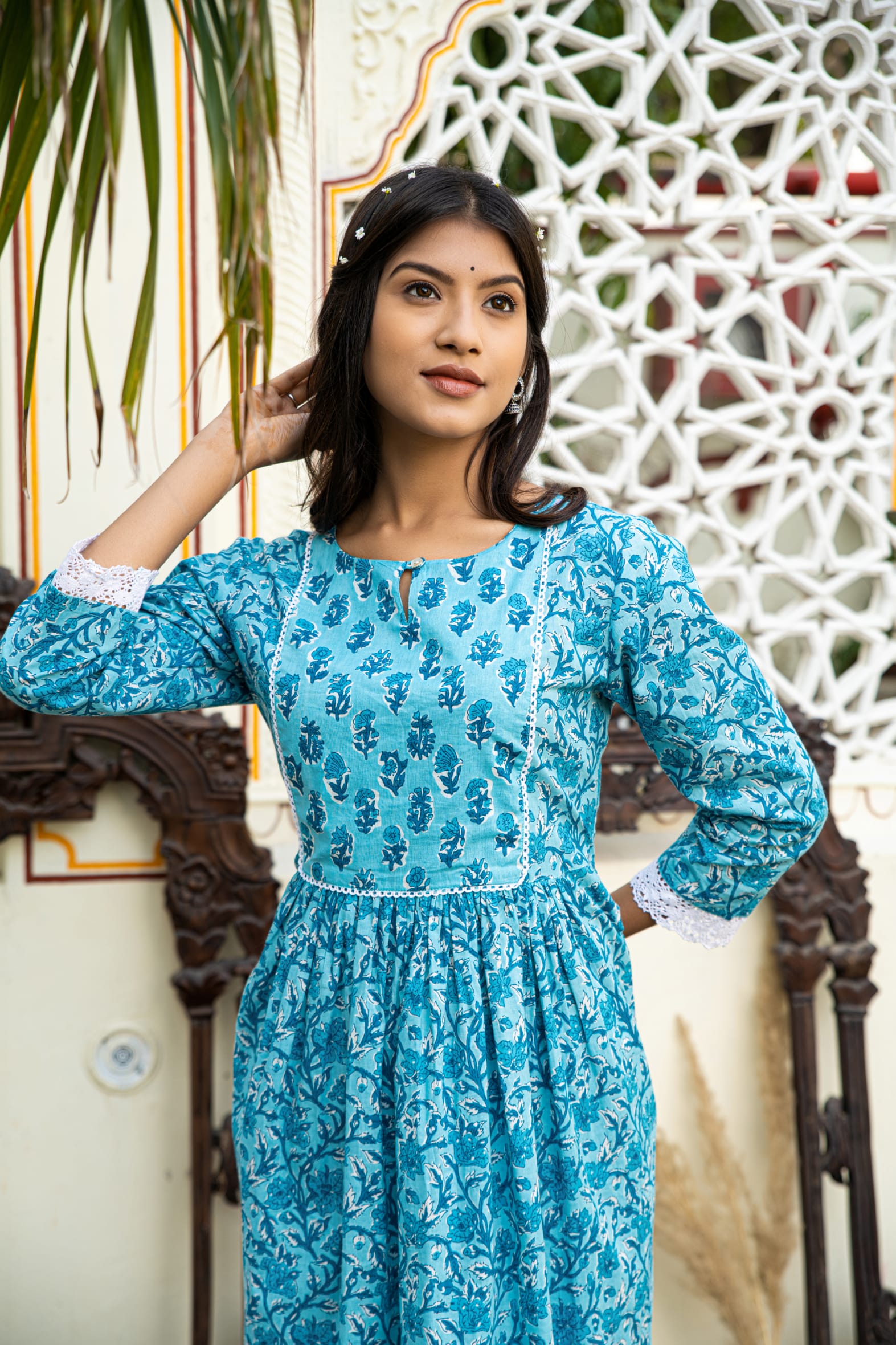 Casual Blue Printed Cotton Kurta with Pants Set