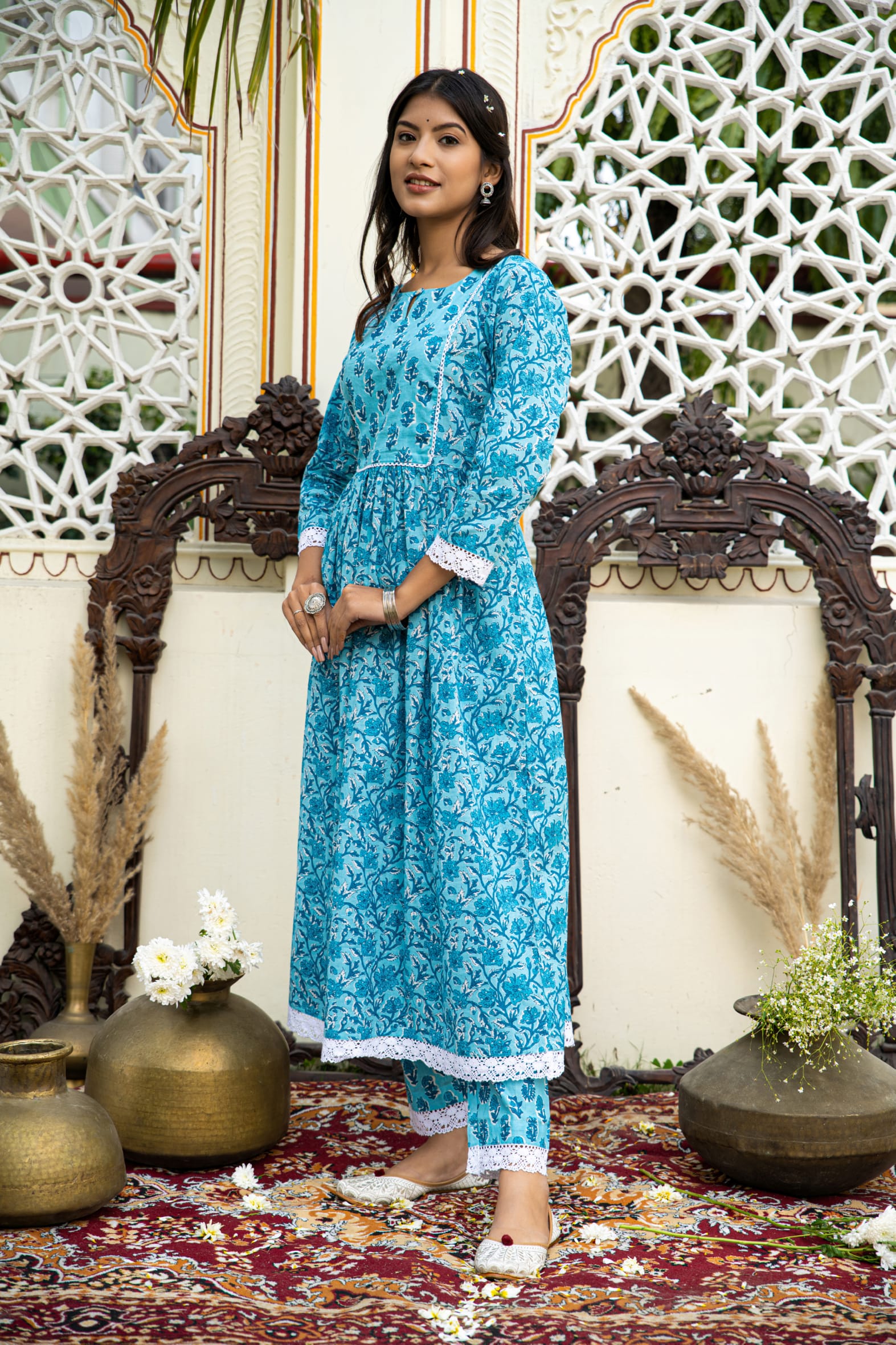 Casual Blue Printed Cotton Kurta with Pants Set