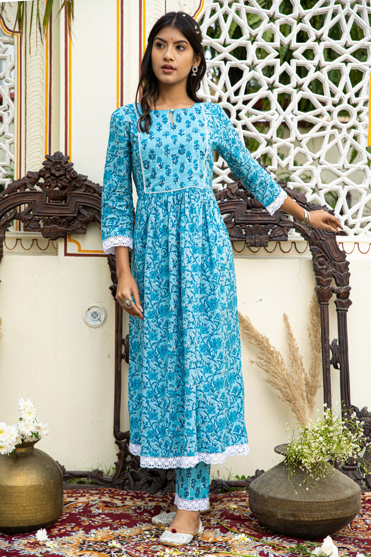 Casual Blue Printed Cotton Kurta with Pants Set