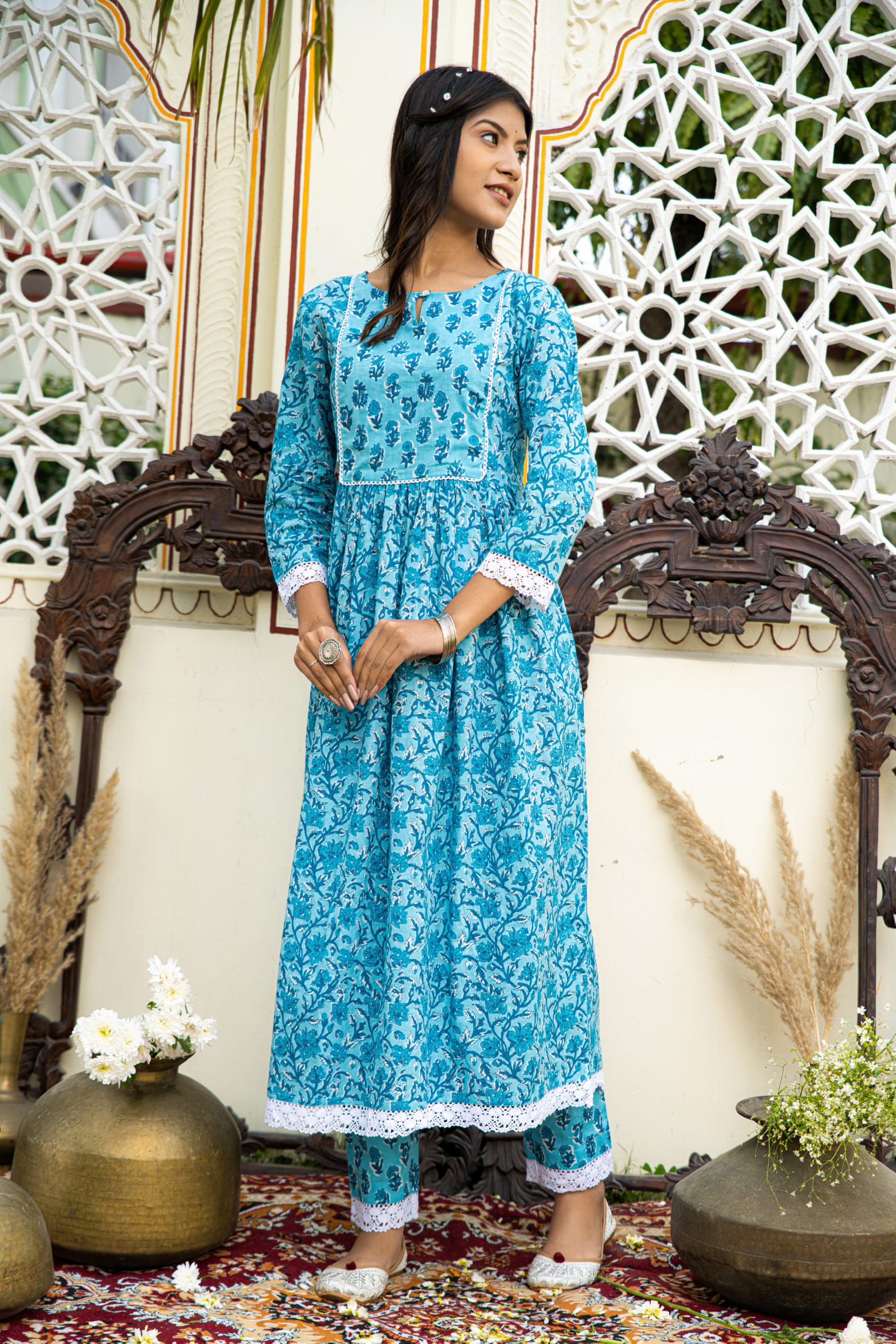 Casual Blue Printed Cotton Kurta with Pants Set