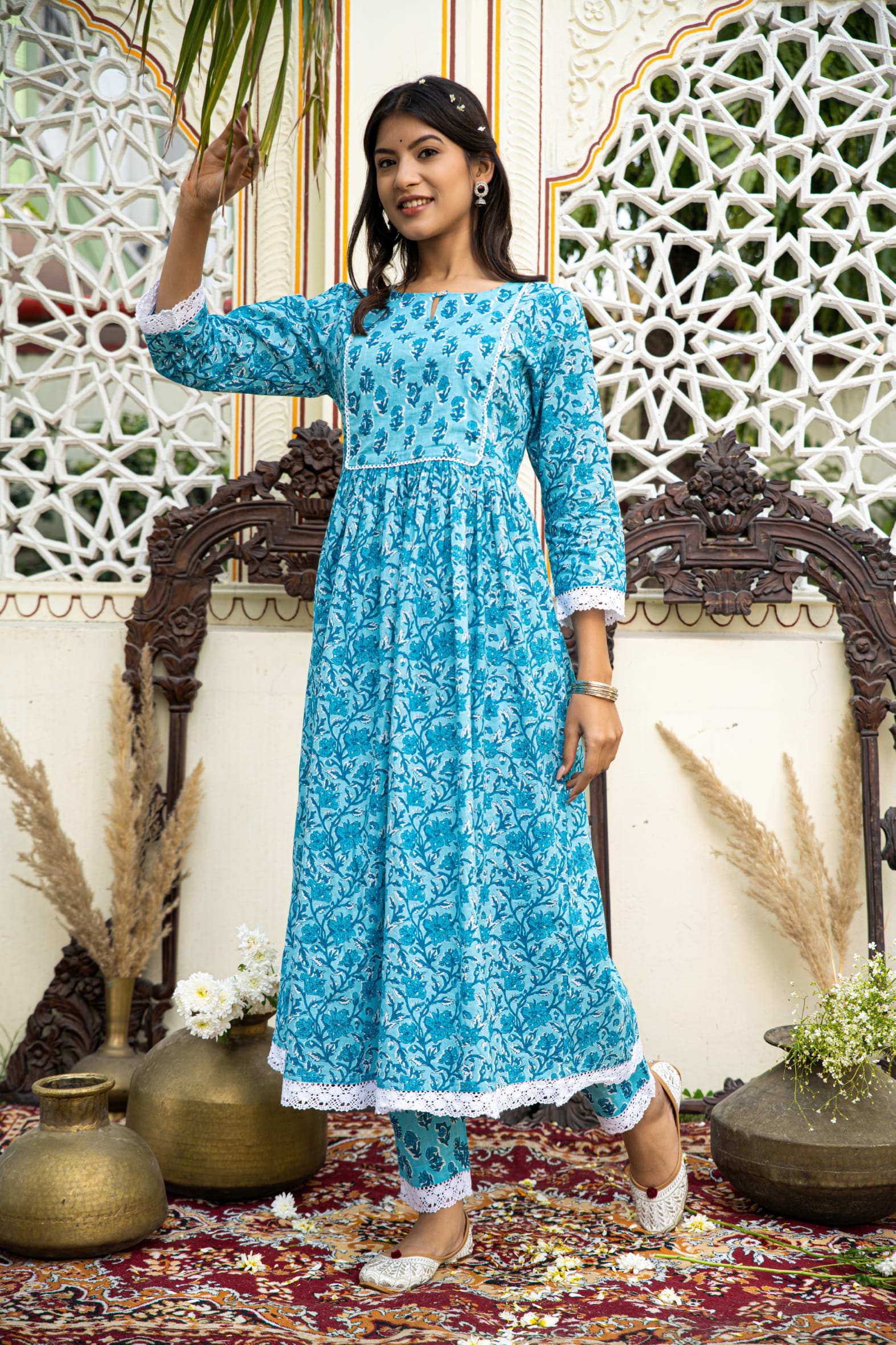 Casual Blue Printed Cotton Kurta with Pants Set