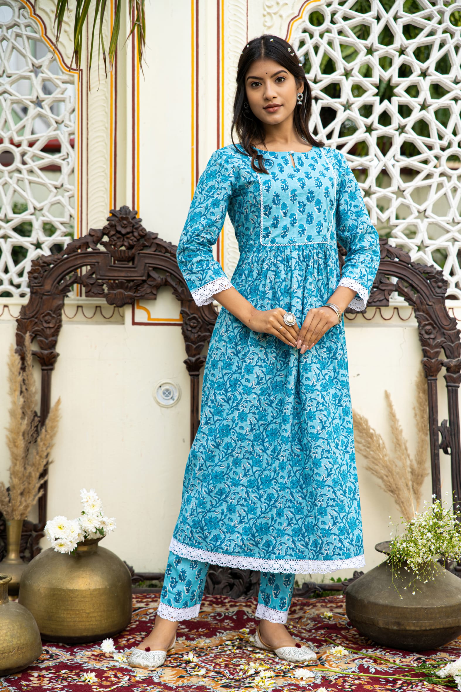 Casual Blue Printed Cotton Kurta with Pants Set
