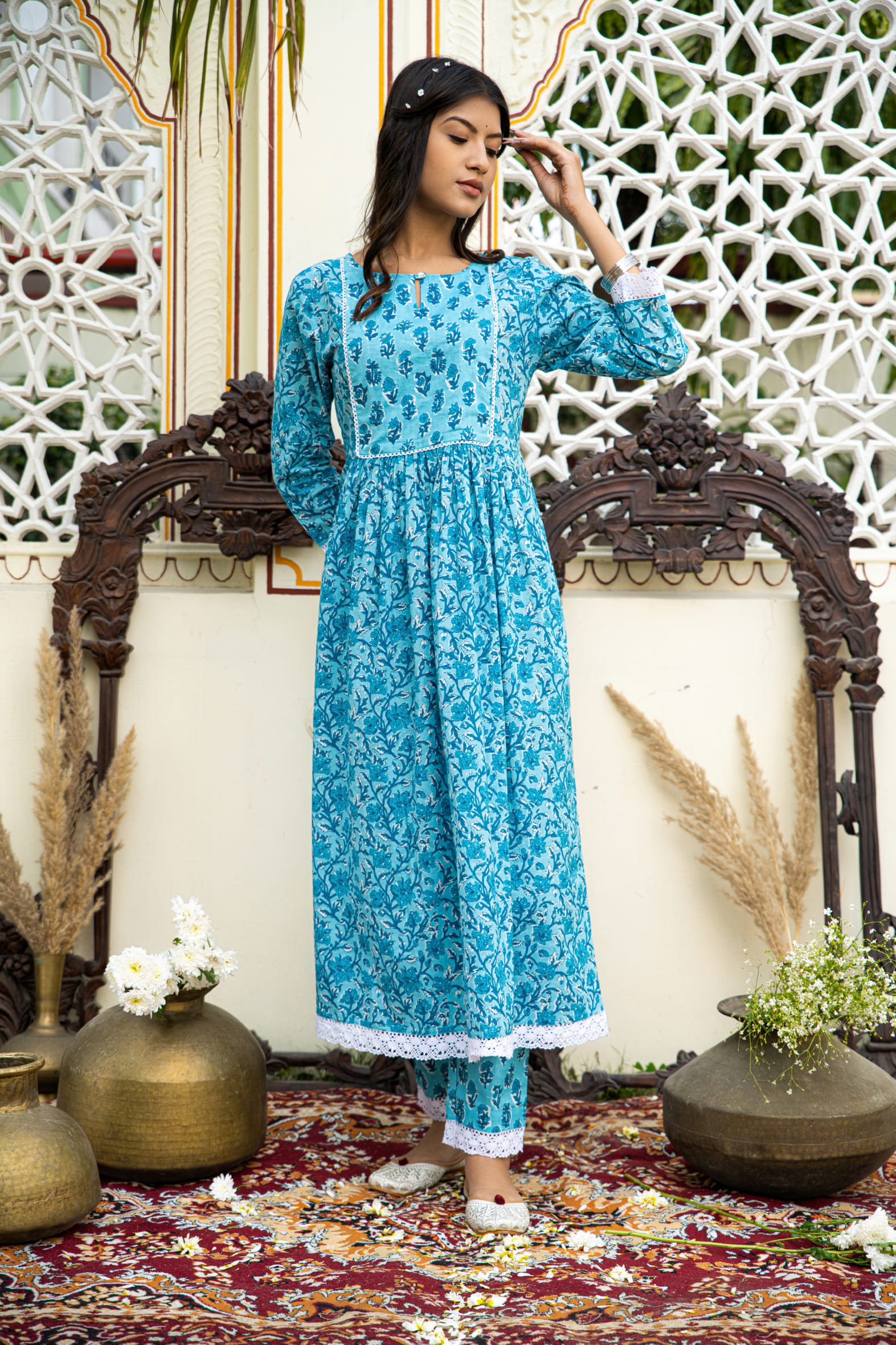 Casual Blue Printed Cotton Kurta with Pants Set