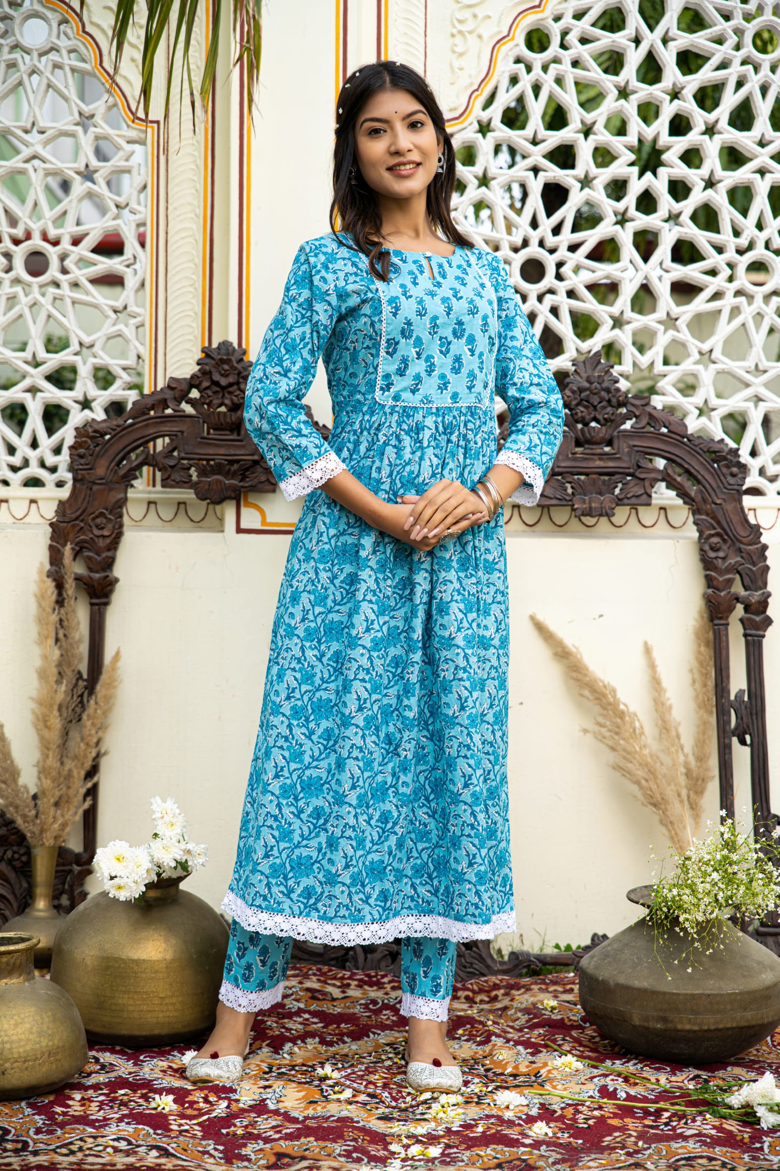 Casual Blue Printed Cotton Kurta with Pants Set