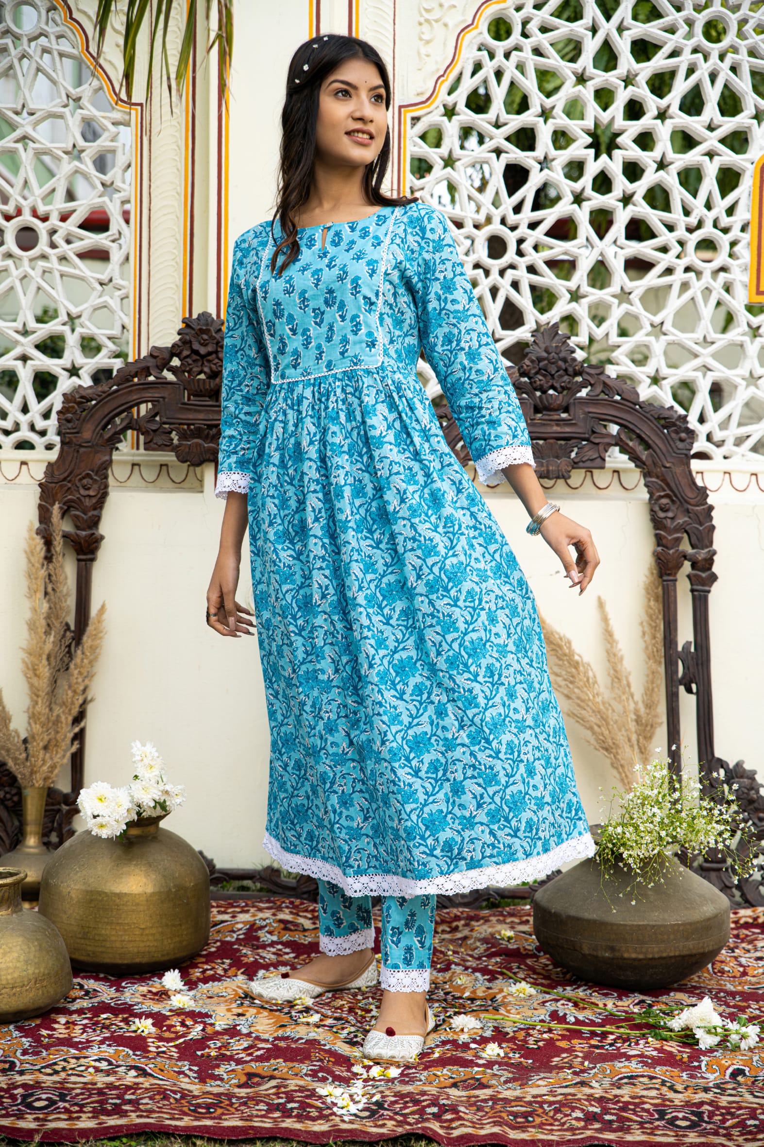 Casual Blue Printed Cotton Kurta with Pants Set