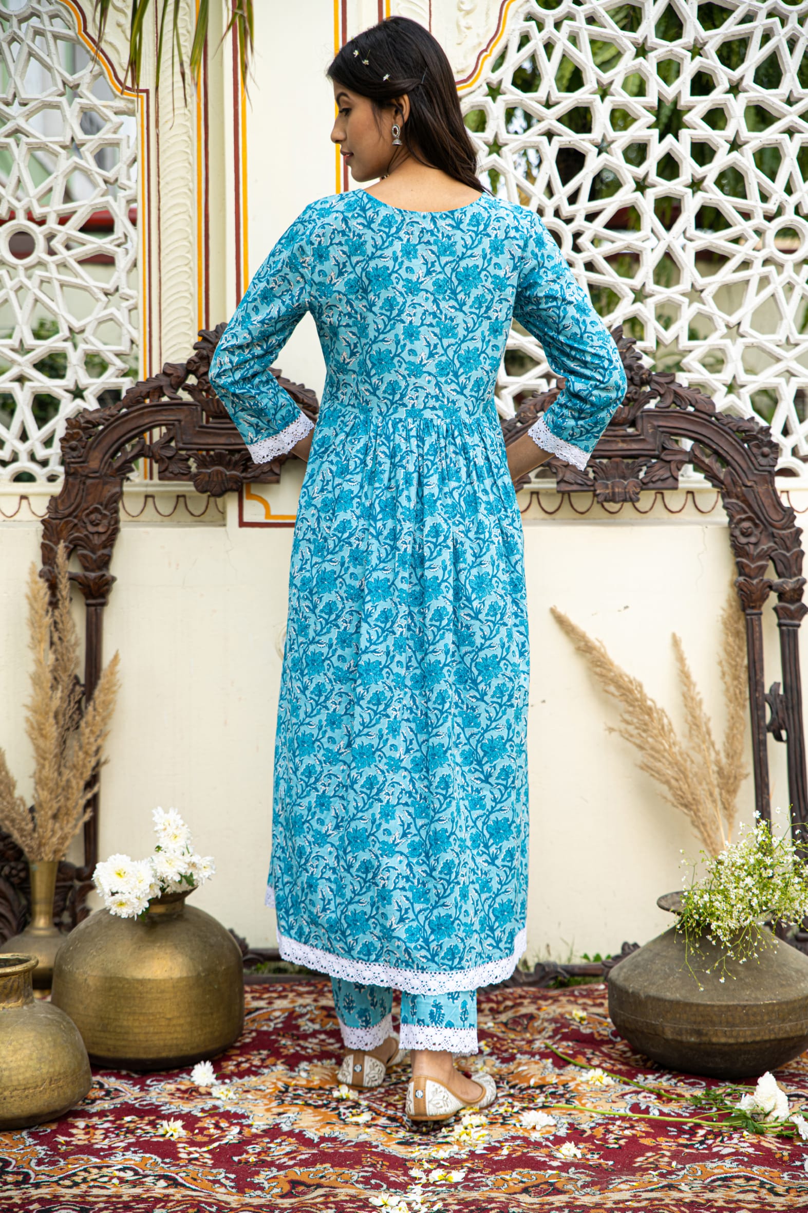 Casual Blue Printed Cotton Kurta with Pants Set