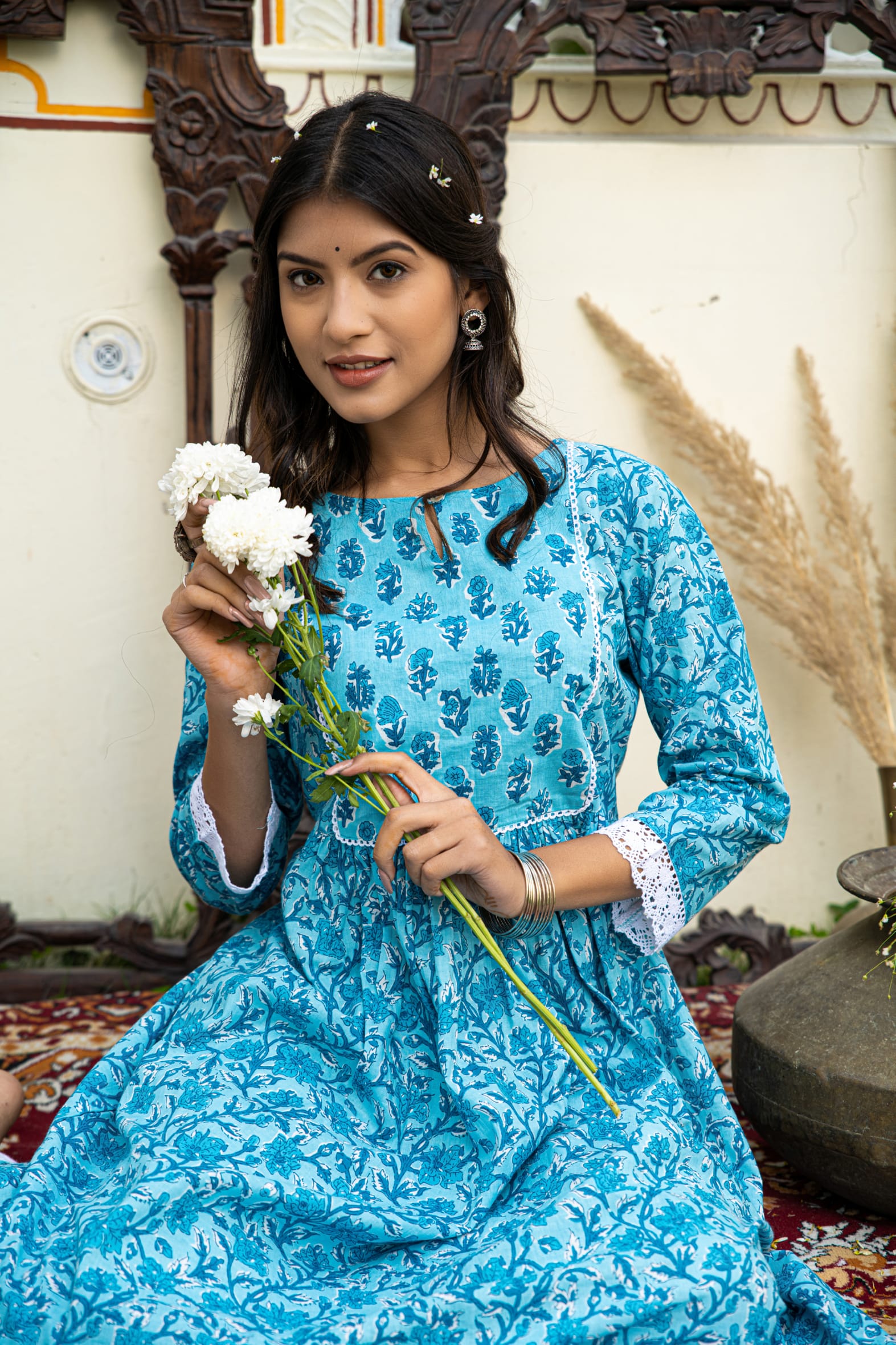 Casual Blue Printed Cotton Kurta with Pants Set