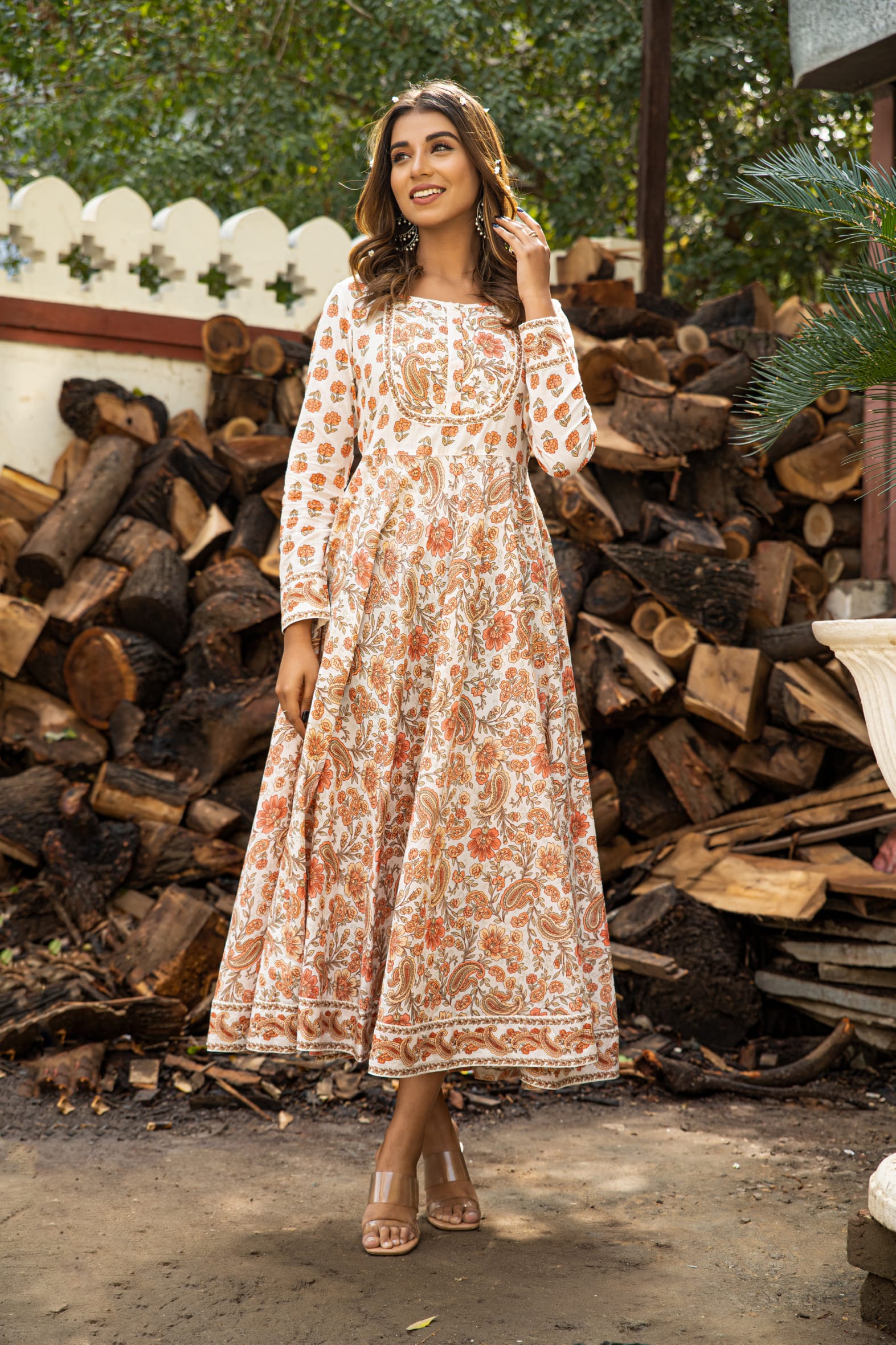 Versatile Off White Orange Hand Block Cotton Anarkali Dress