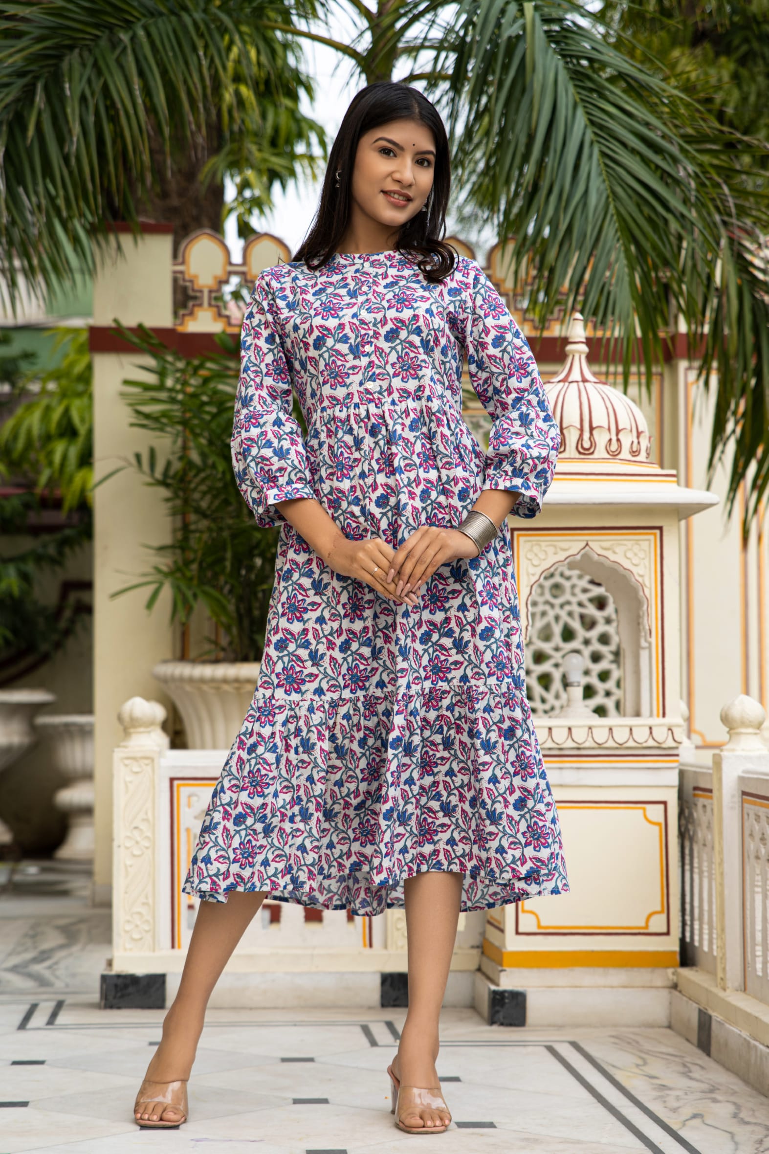 Stylish White Blue Hand Block Printed Cotton Dress