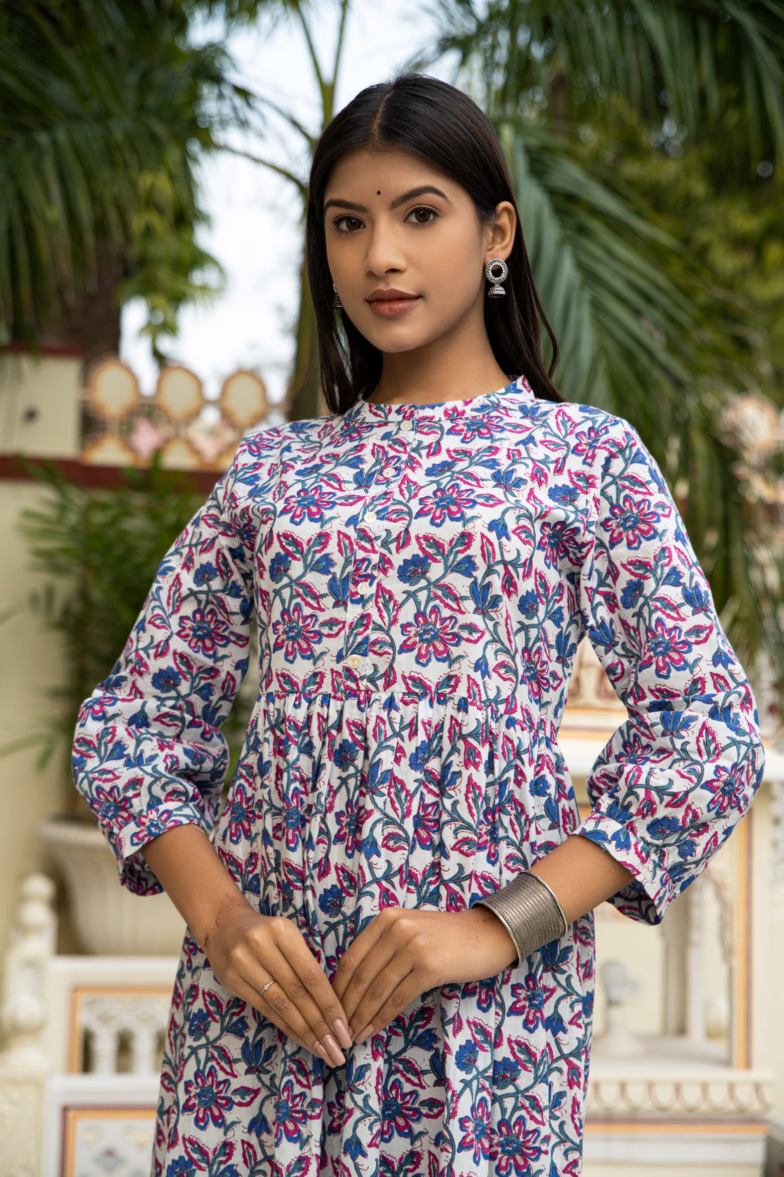 Stylish White Blue Hand Block Printed Cotton Dress