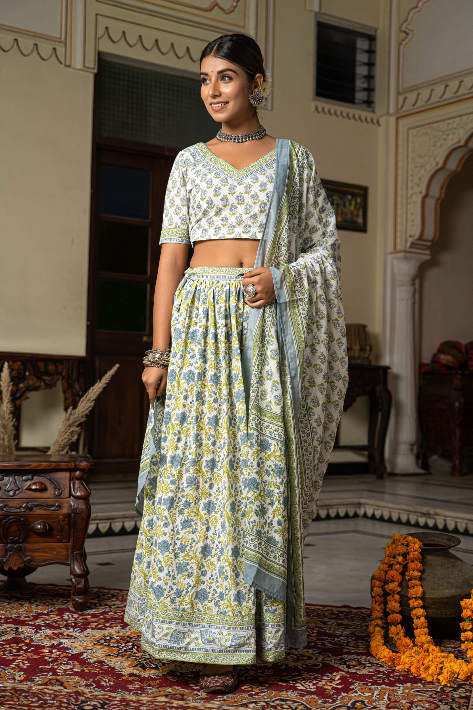 Stunning White Blue Hand Block Cotton Lehenga Set