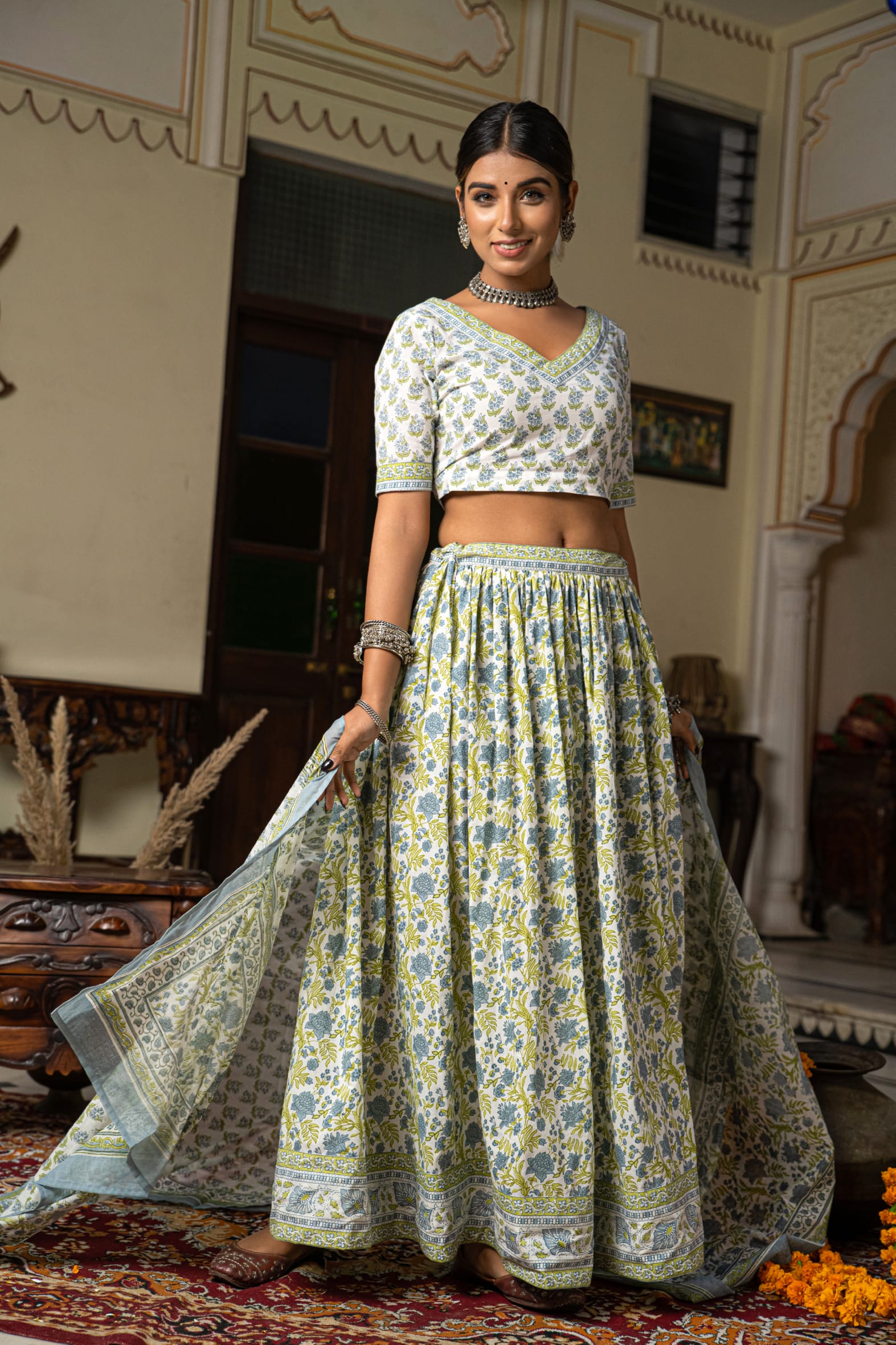 Stunning White Blue Hand Block Cotton Lehenga Set