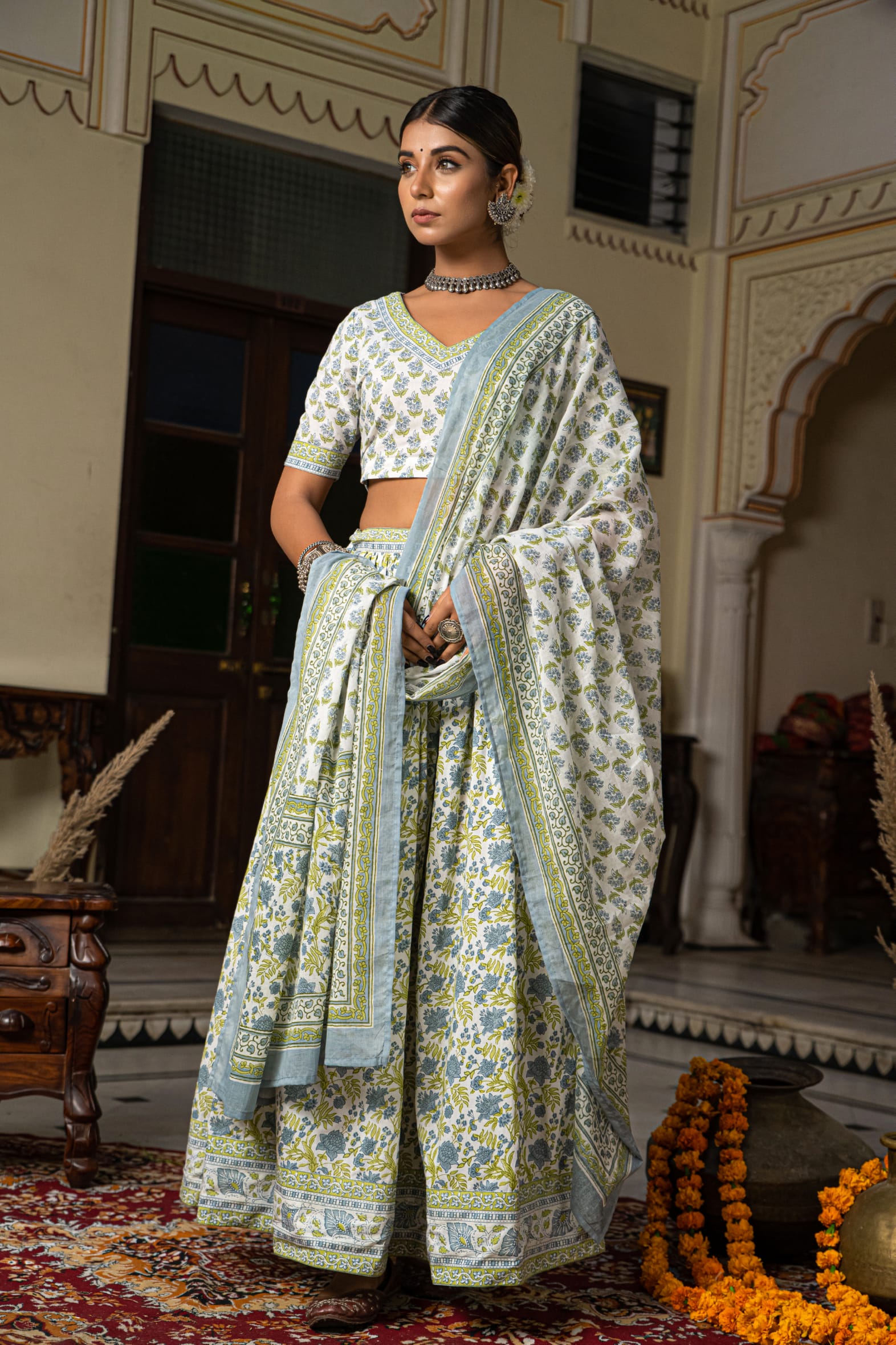 Stunning White Blue Hand Block Cotton Lehenga Set