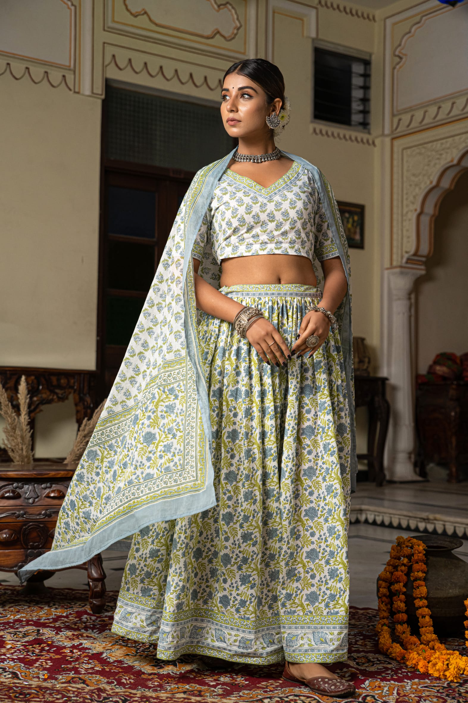 Stunning White Blue Hand Block Cotton Lehenga Set