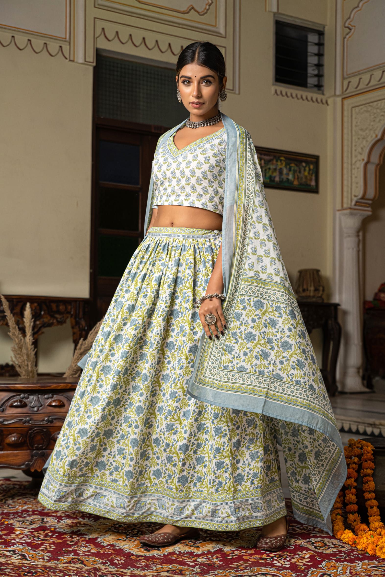 Stunning White Blue Hand Block Cotton Lehenga Set