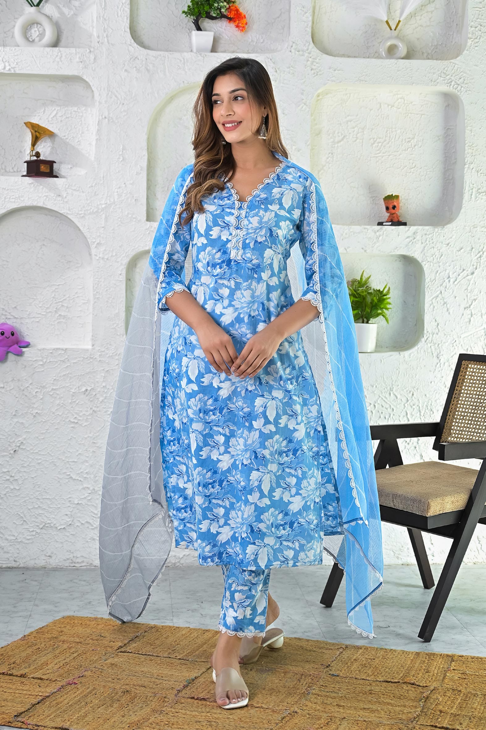 Blue White Hand Block Cotton Kurta Pant & Kota Doria Dupatta