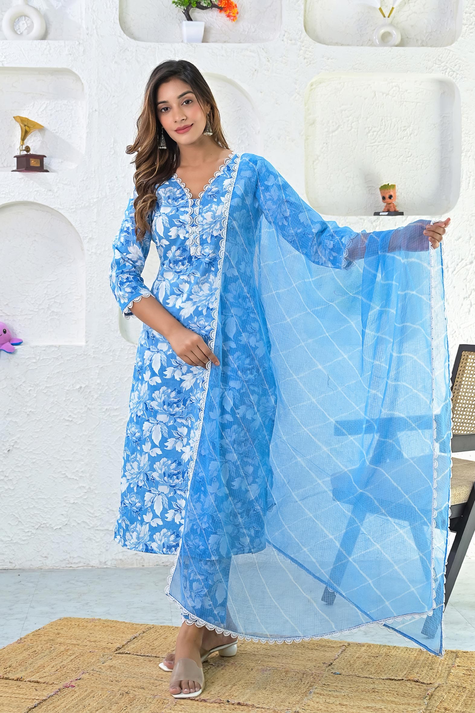 Blue White Hand Block Cotton Kurta Pant & Kota Doria Dupatta