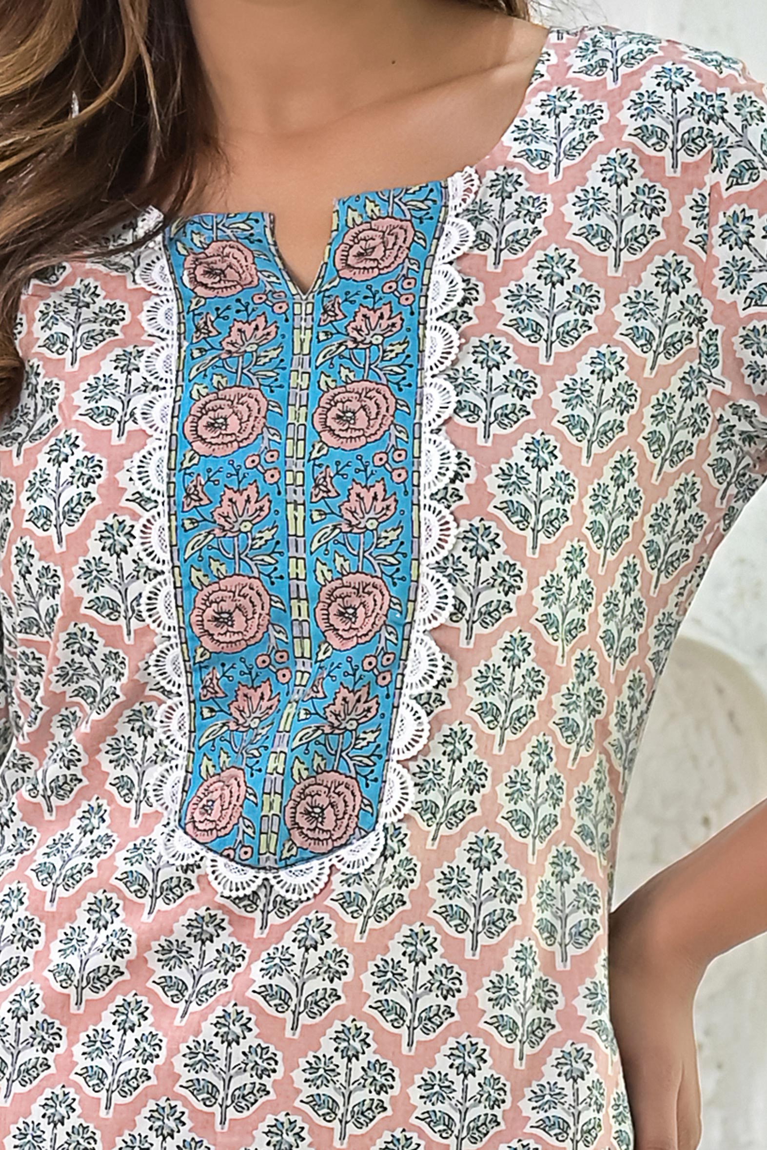 Charming Beige Blue Hand Block Cotton Kurta Pants Set