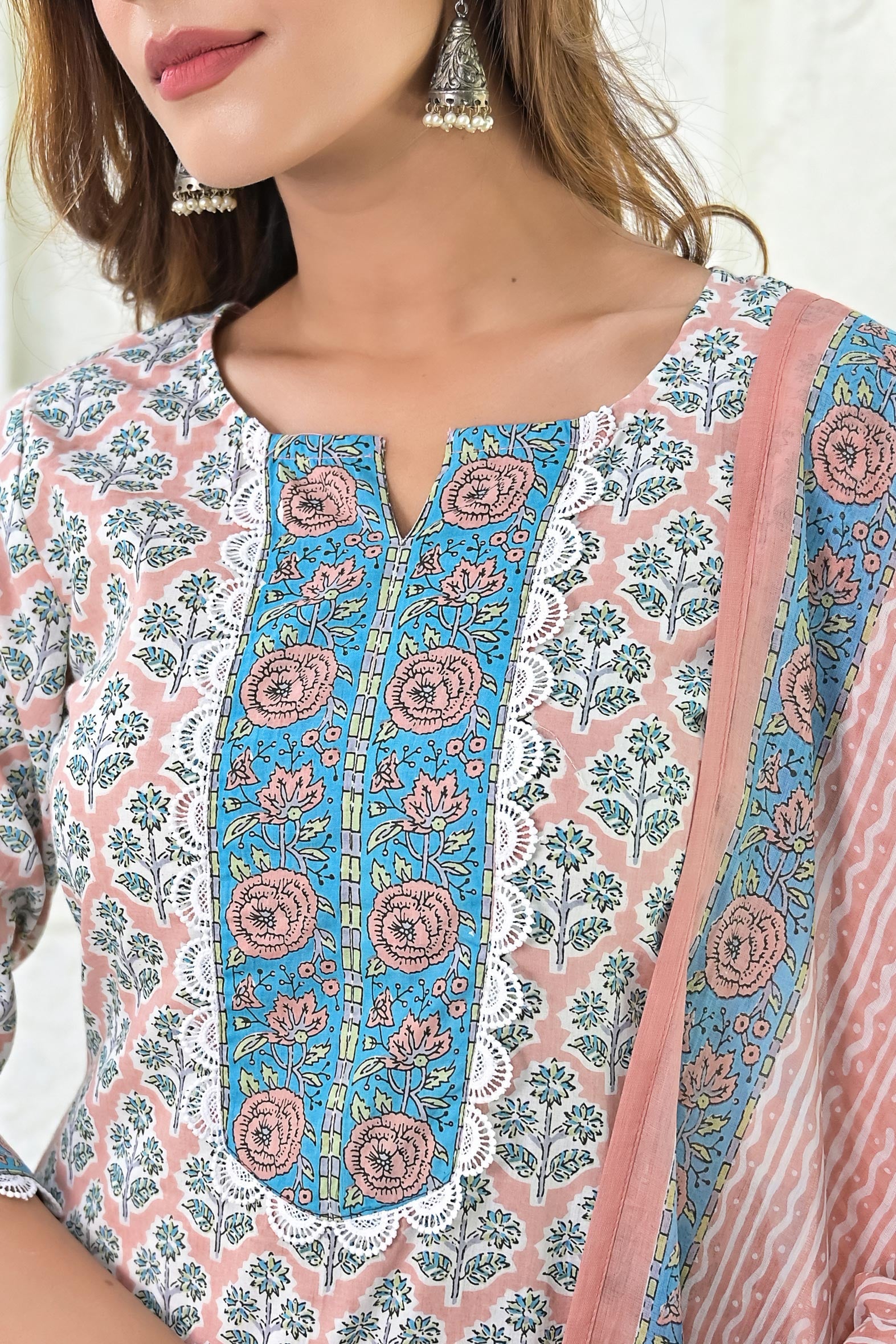 Beige Blue Hand Block Cotton Kurta Pant & Kota Doria Set