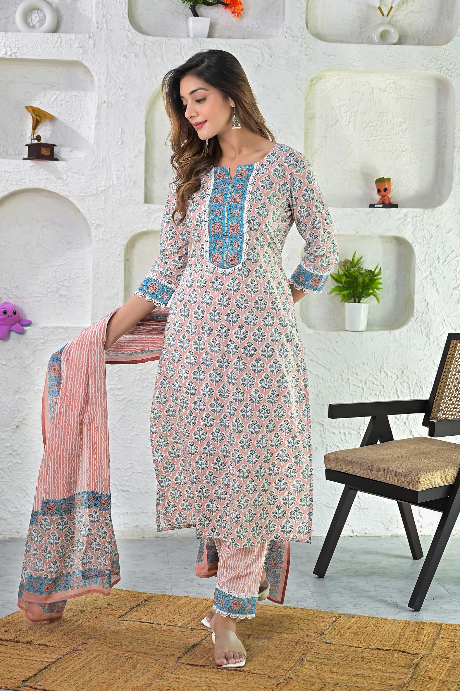 Beige Blue Hand Block Cotton Kurta Pant & Kota Doria Set