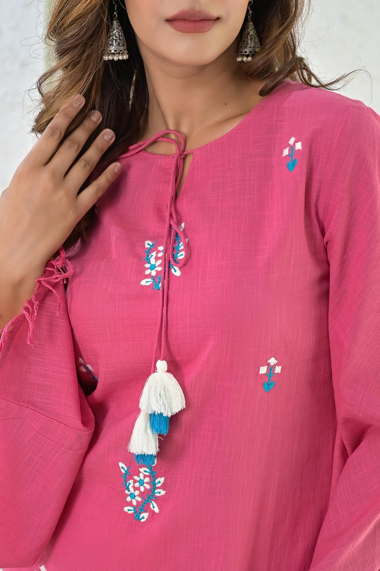 Timeless Pink Cotton Embroidered Umbrella Style Top