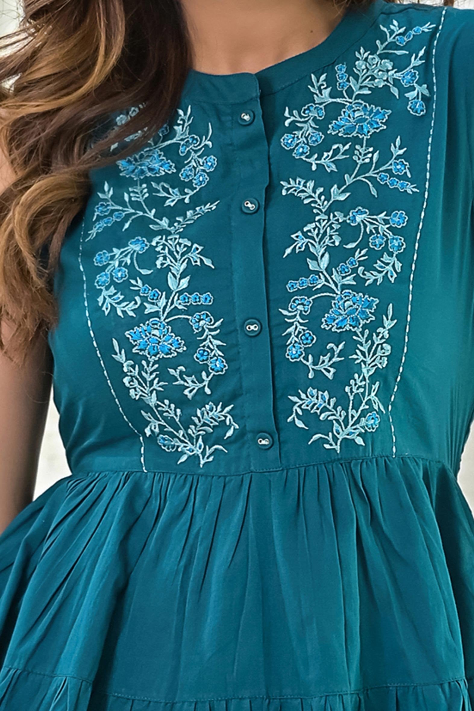 Captivating Sea Blue Cotton Top with Yoke Embroidery