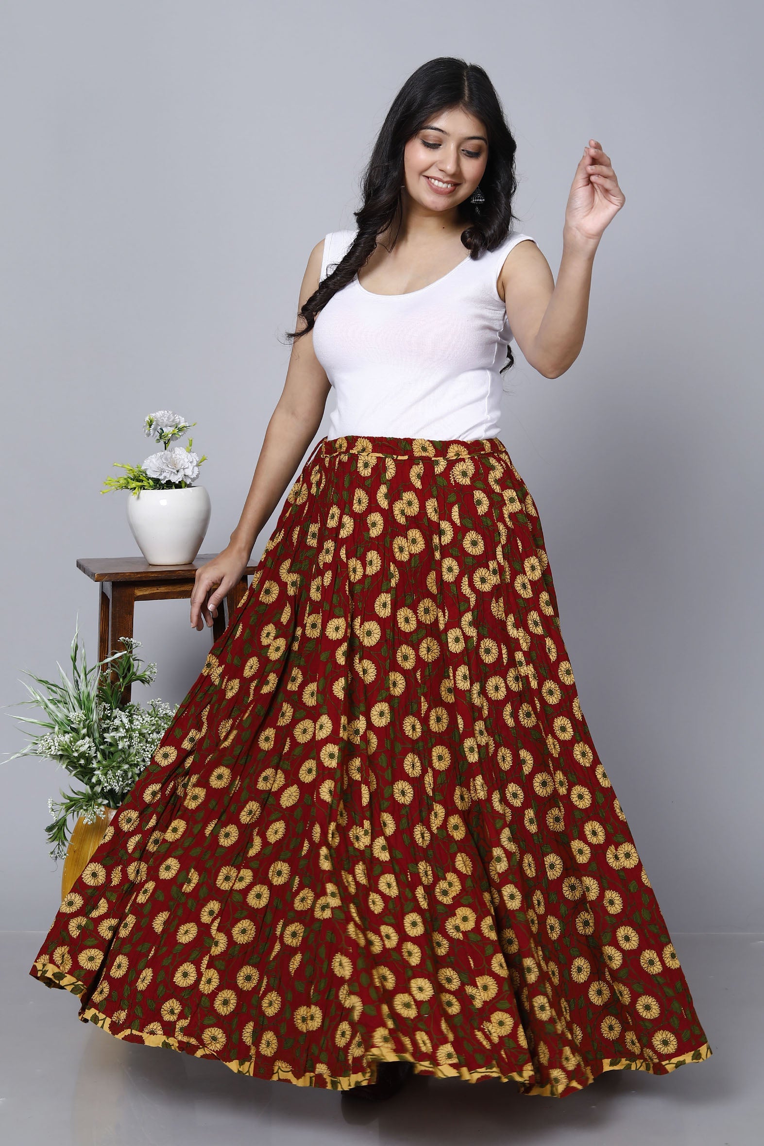 Vibrant Red Jaal Printed Long Cotton Skirt