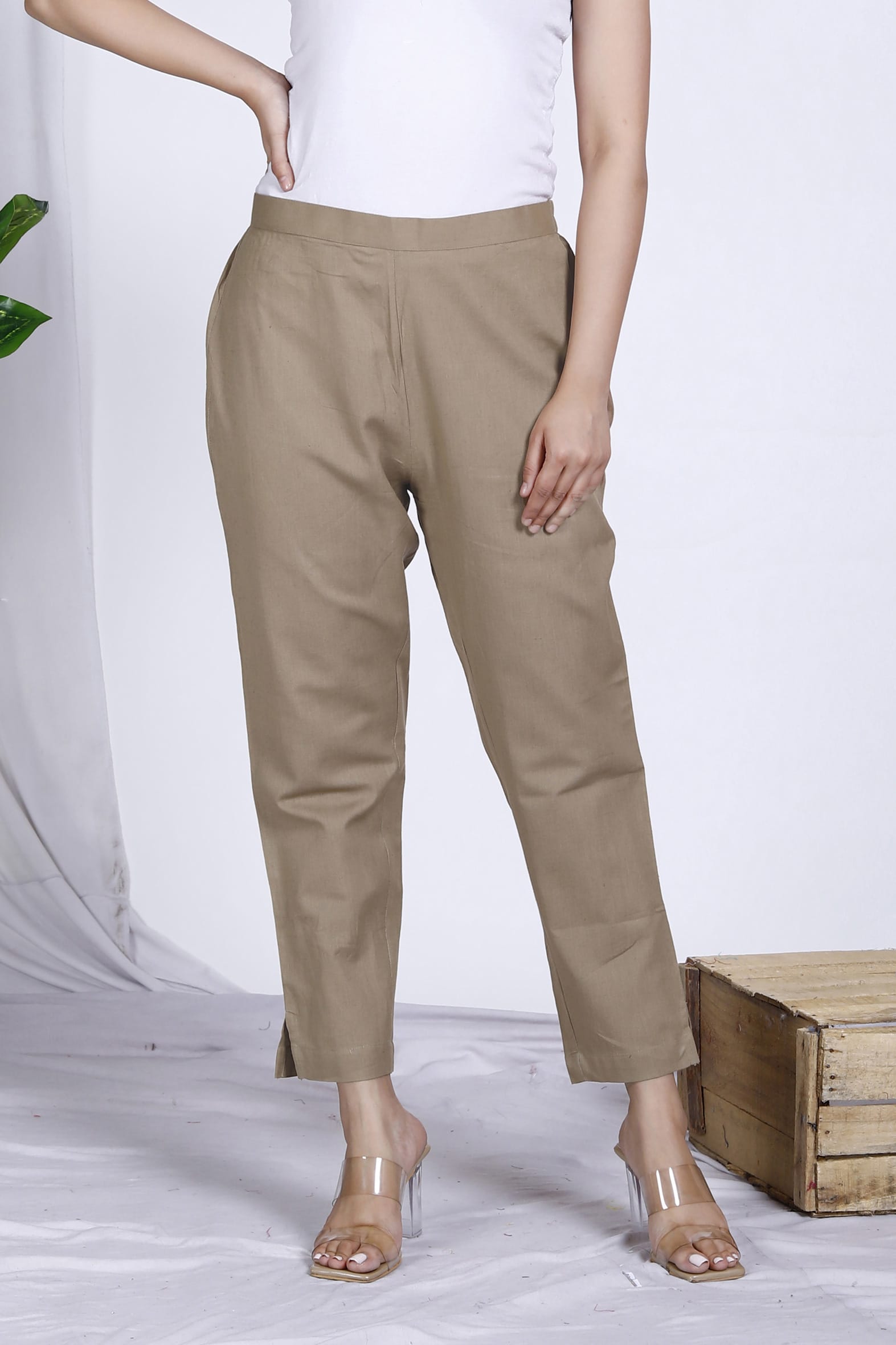 Essential Beige Plain Cotton Ankle Length Pant
