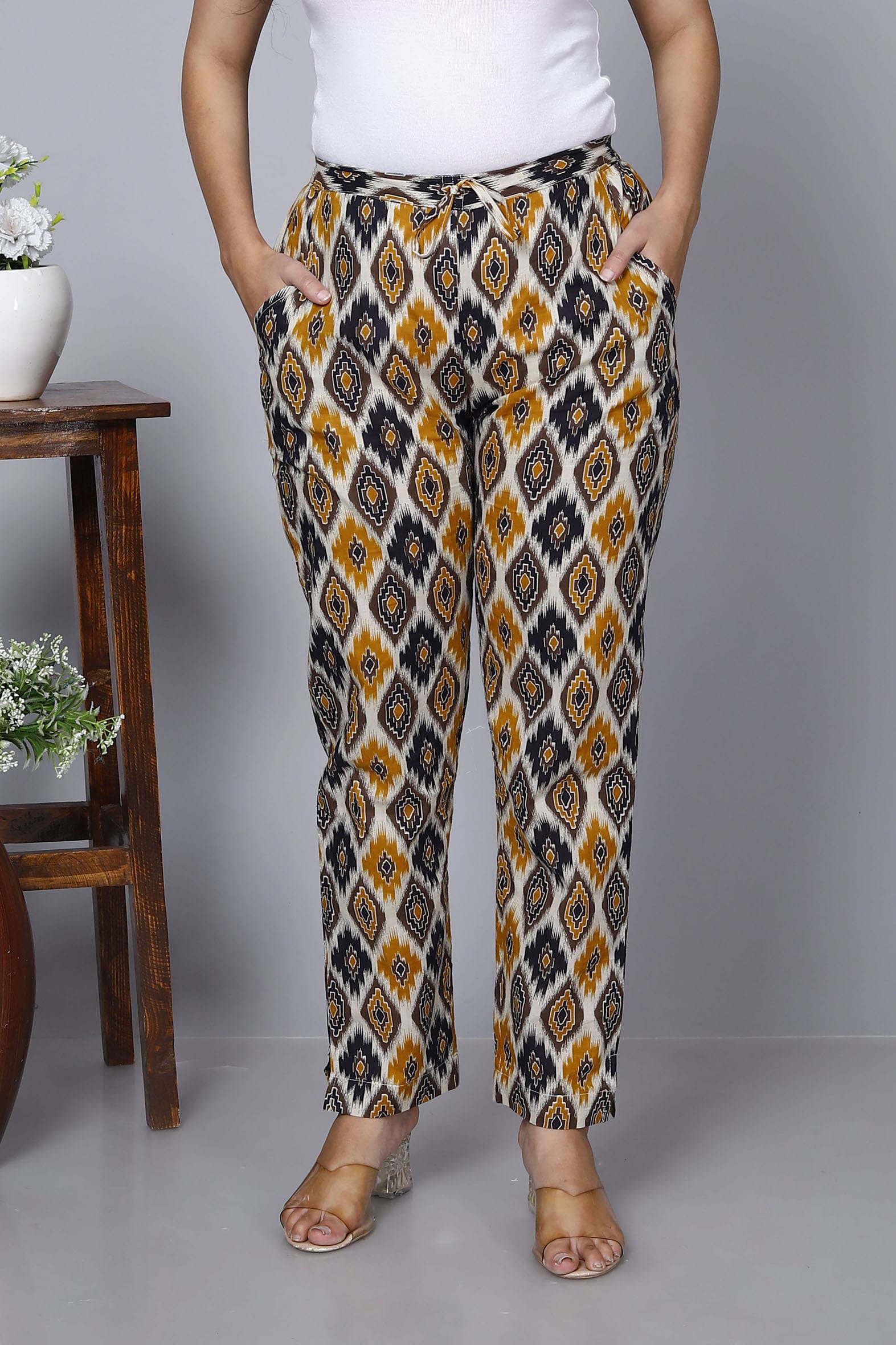 Versatile Beige Cotton Printed Ankle Length Pant