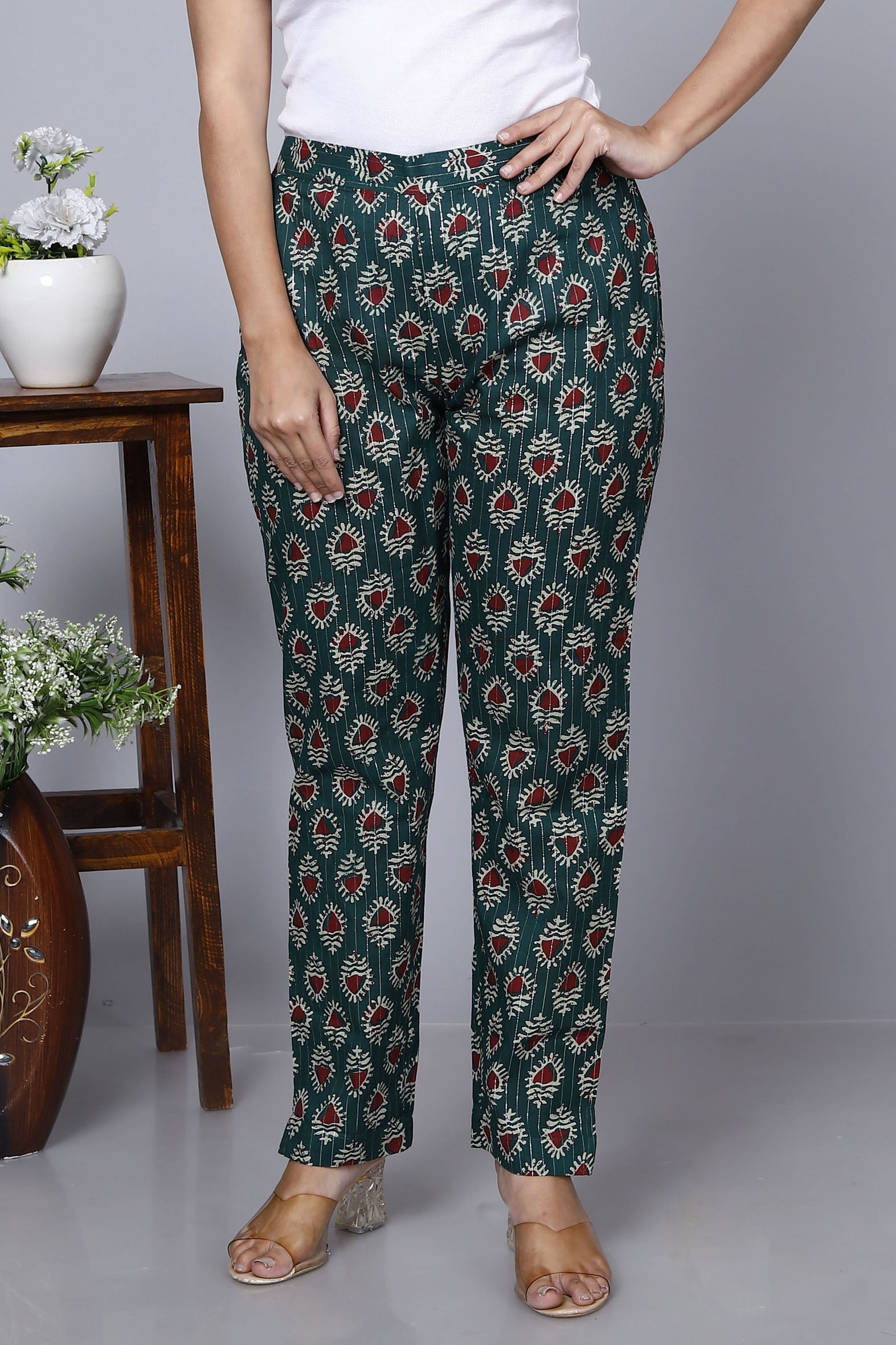 Chic Sea Green Cotton Printed Ankle Length Pant