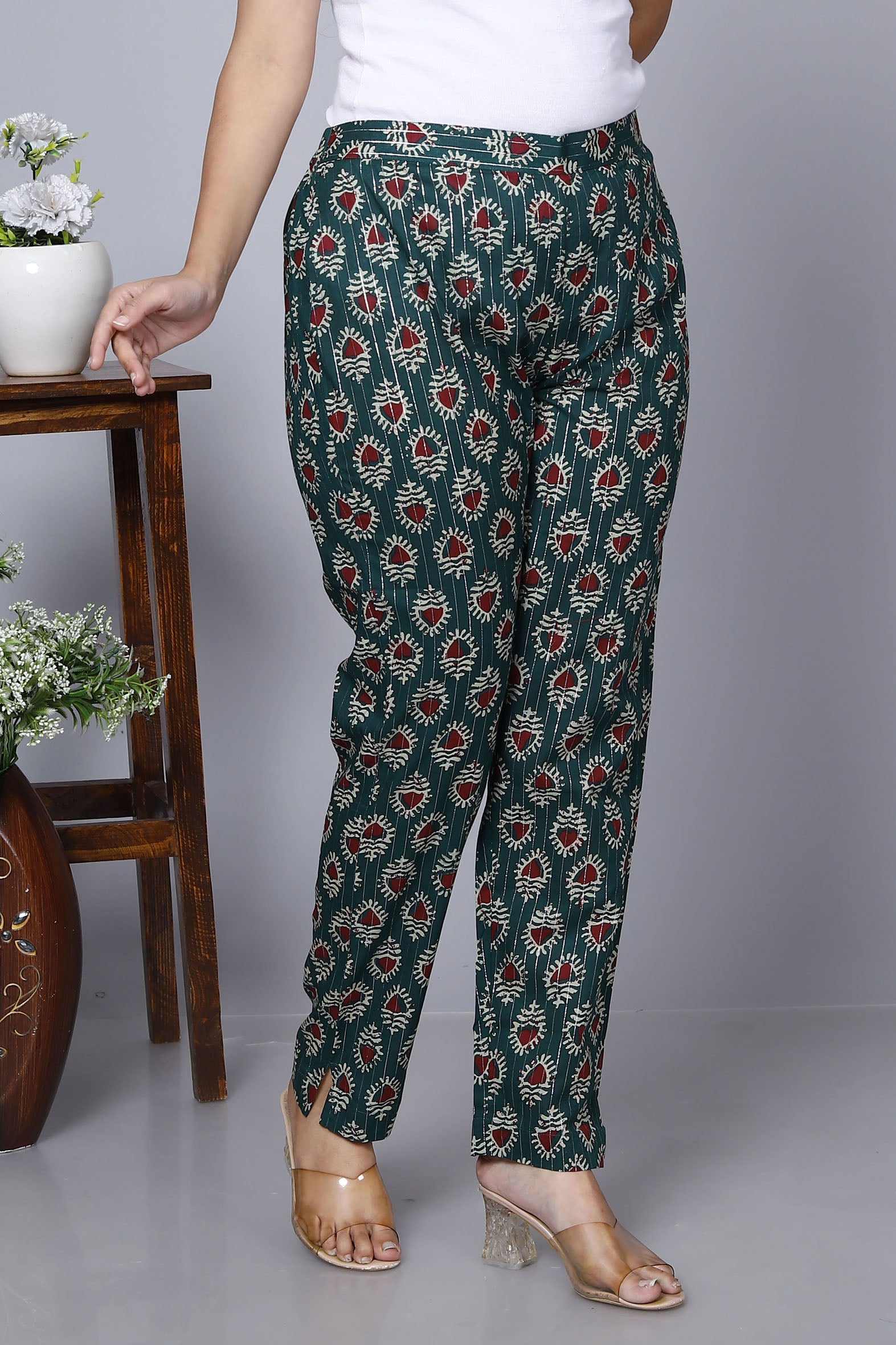 Chic Sea Green Cotton Printed Ankle Length Pant