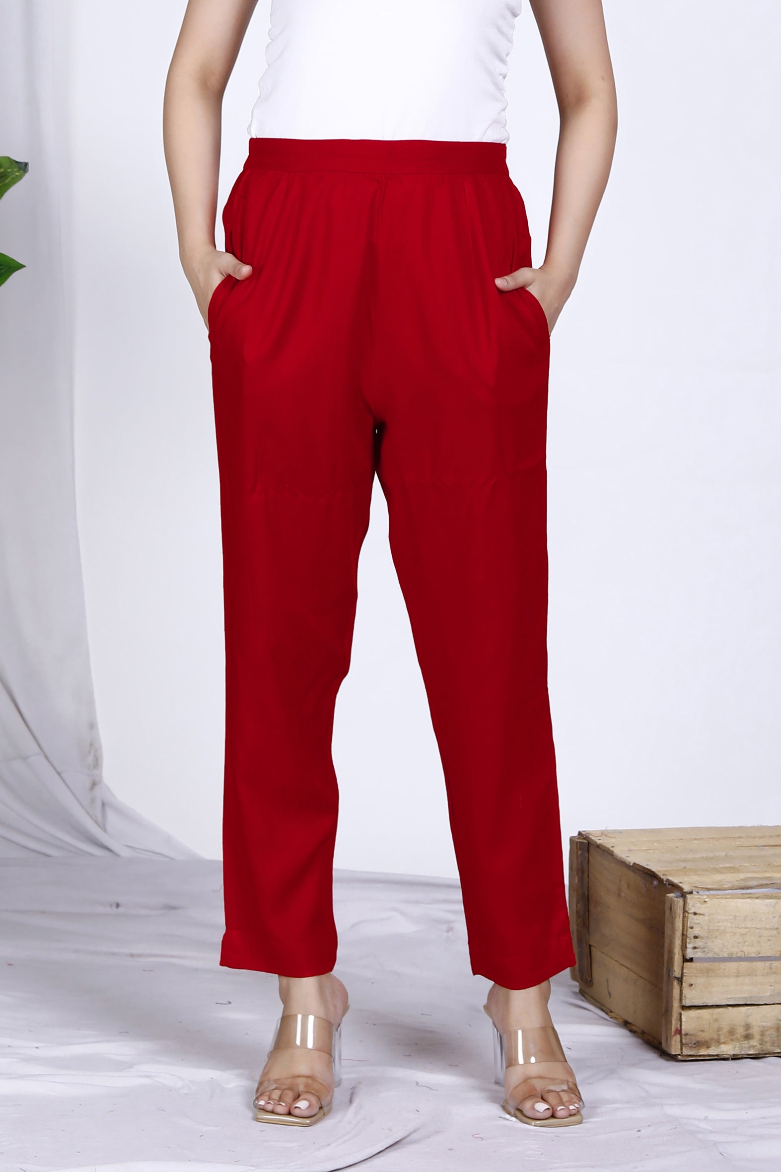 Versatile Red Plain Rayon Ankle Length Pant