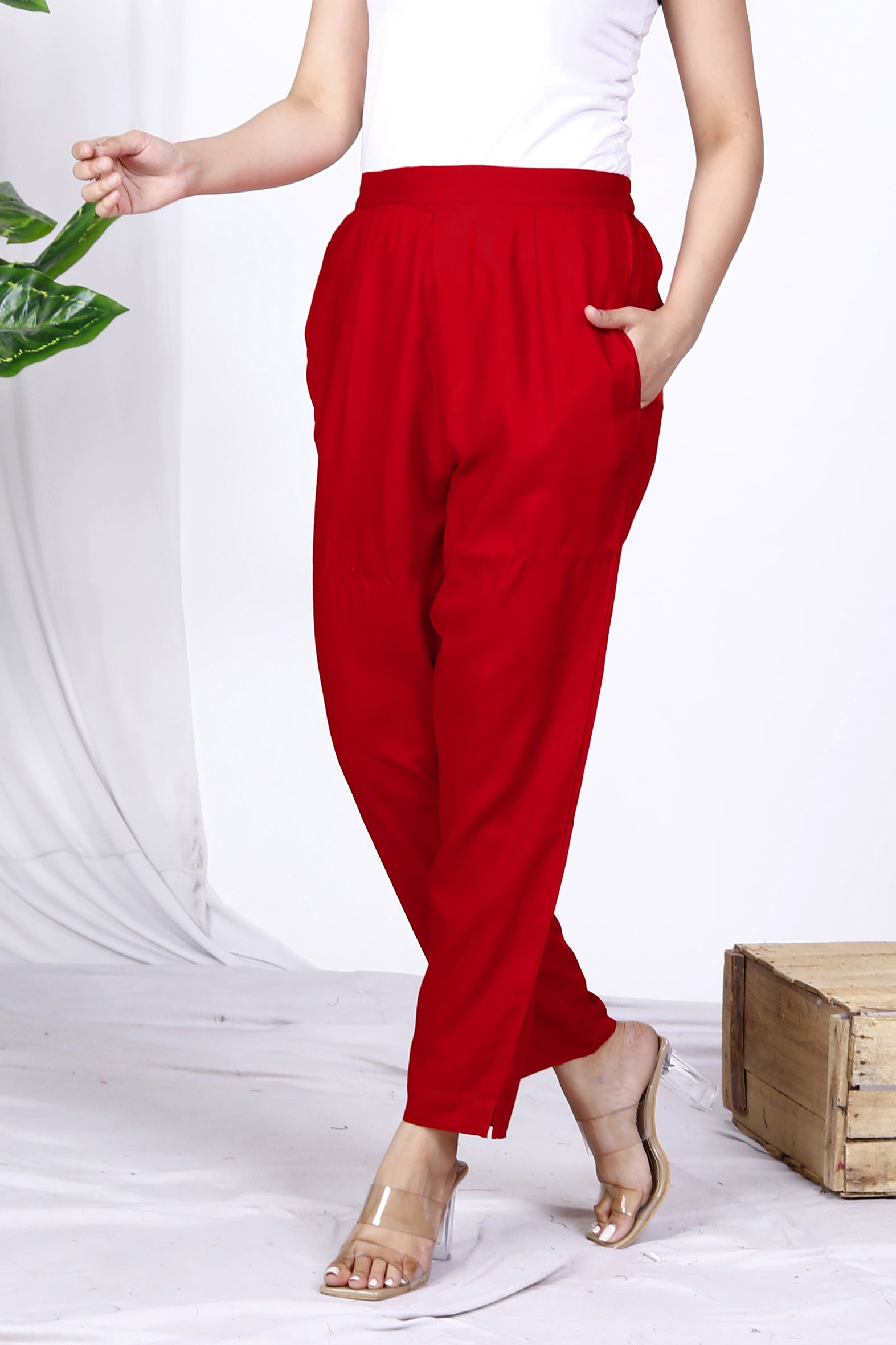 Versatile Red Plain Rayon Ankle Length Pant