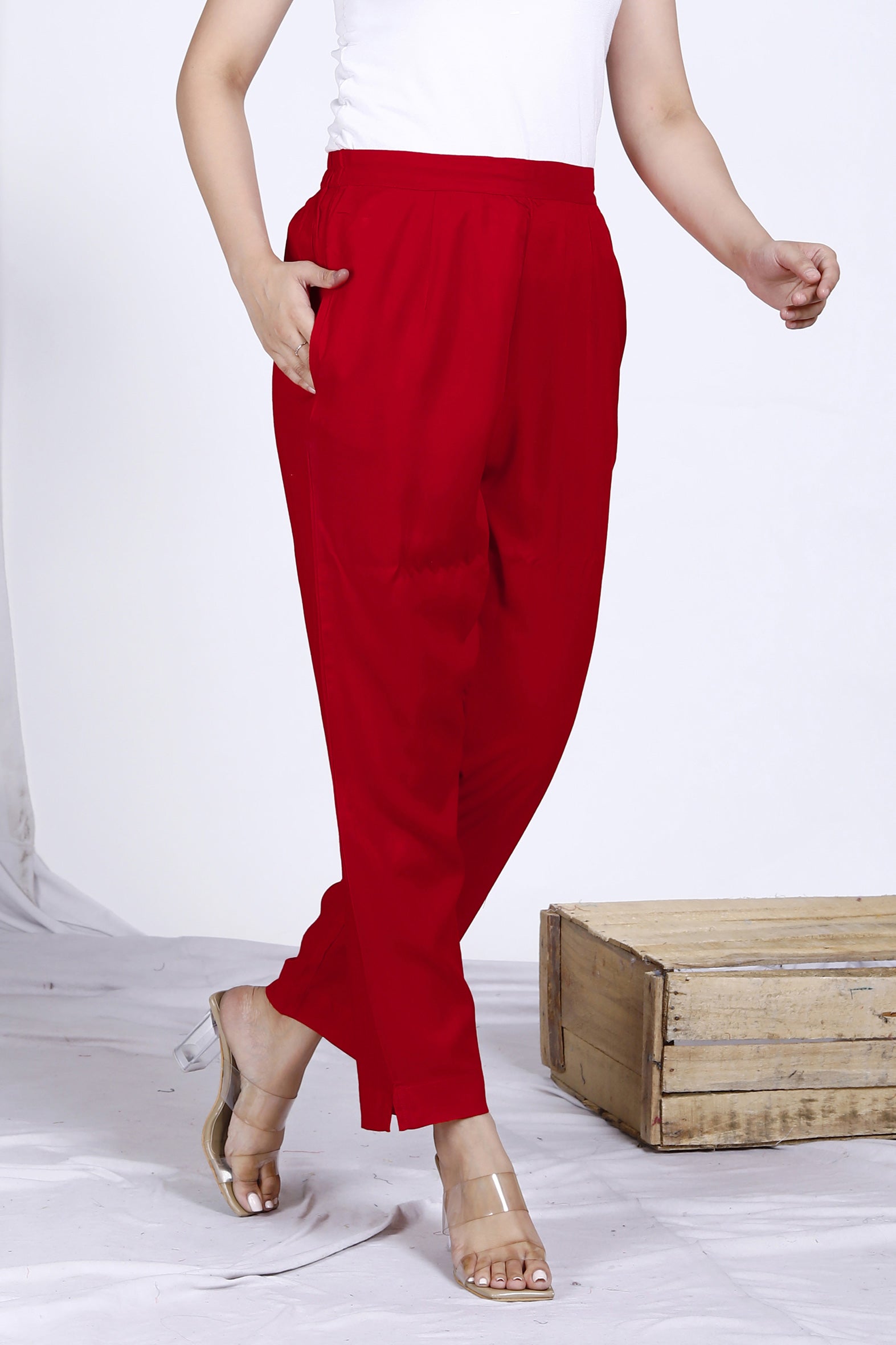 Versatile Red Plain Rayon Ankle Length Pant