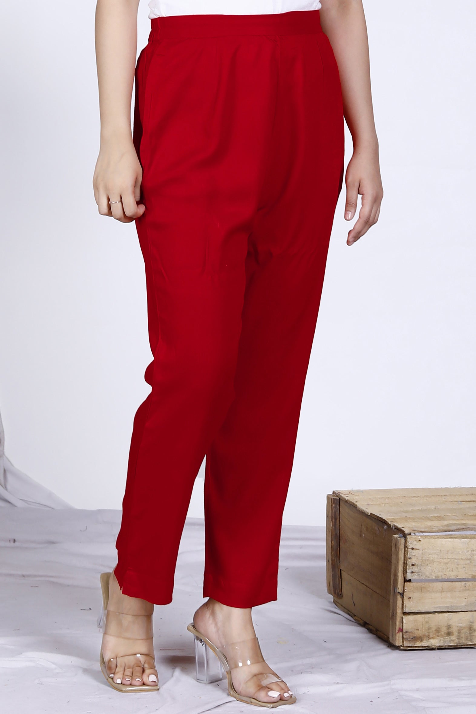 Versatile Red Plain Rayon Ankle Length Pant