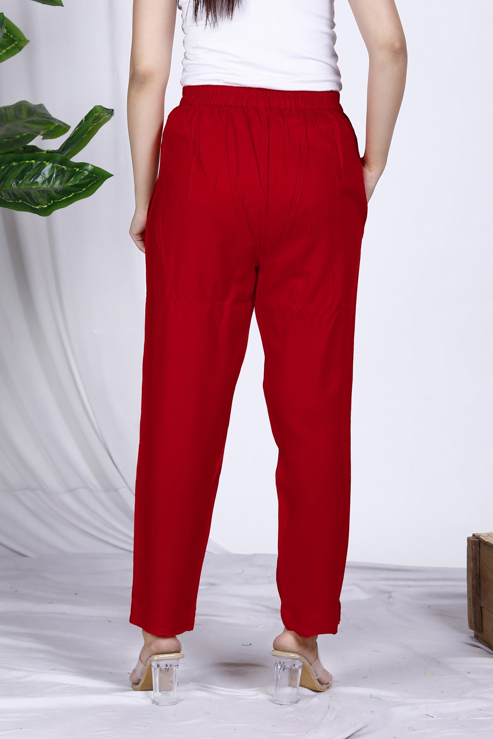 Versatile Red Plain Rayon Ankle Length Pant