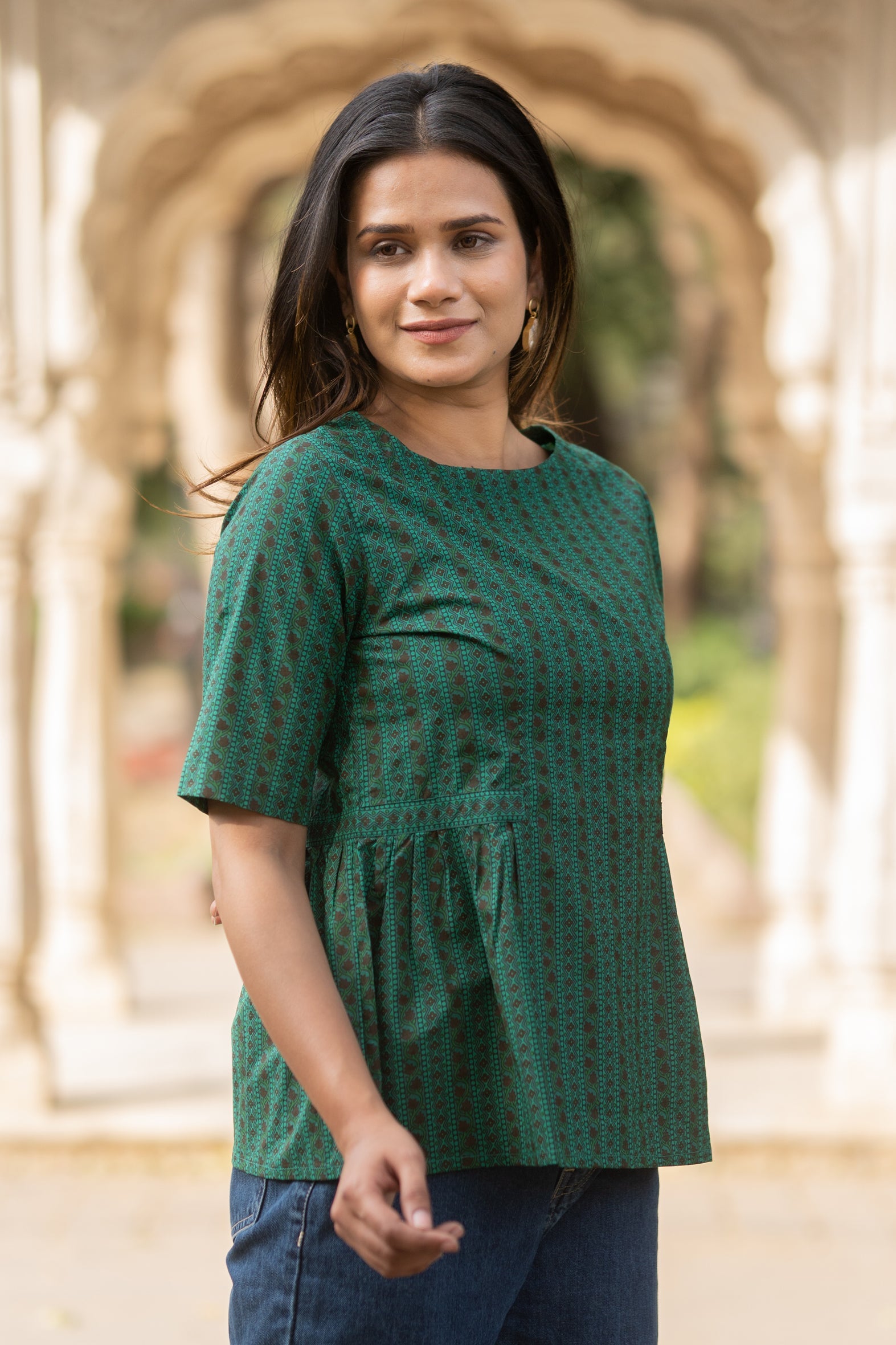 Captivating Green Printed Cotton A-Line Top