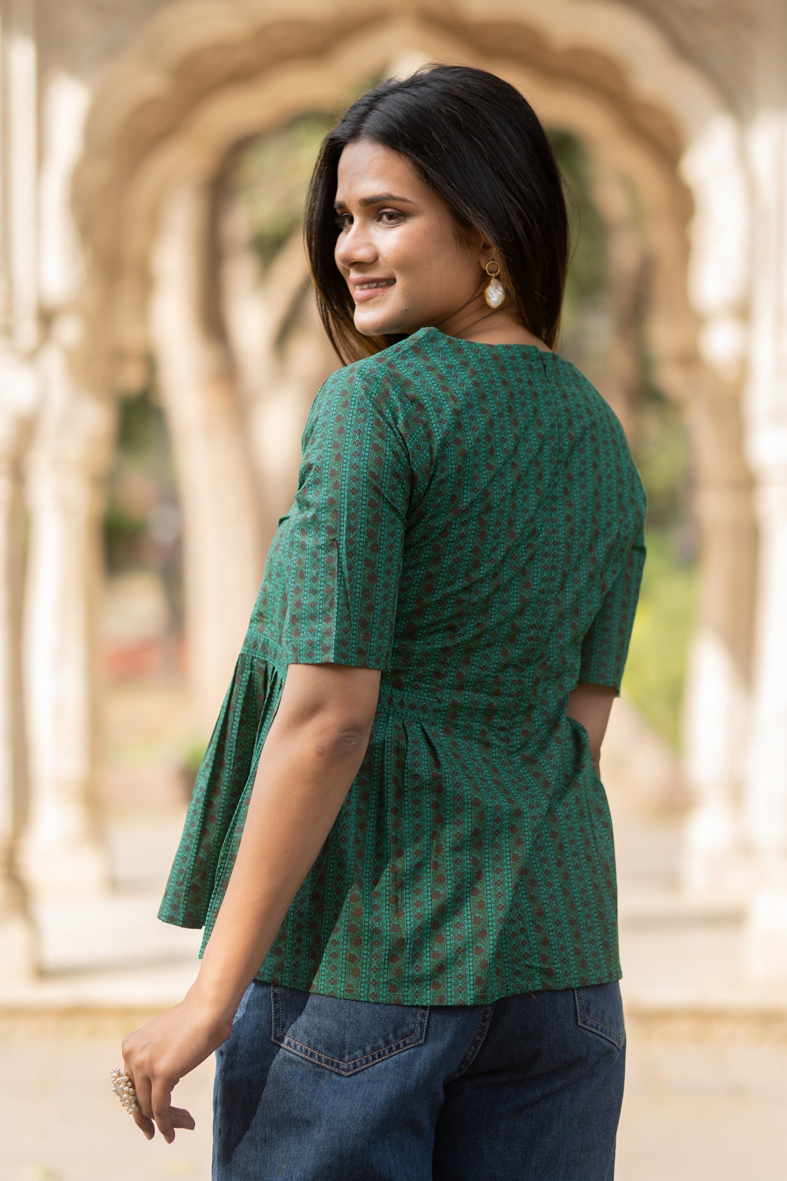 Captivating Green Printed Cotton A-Line Top