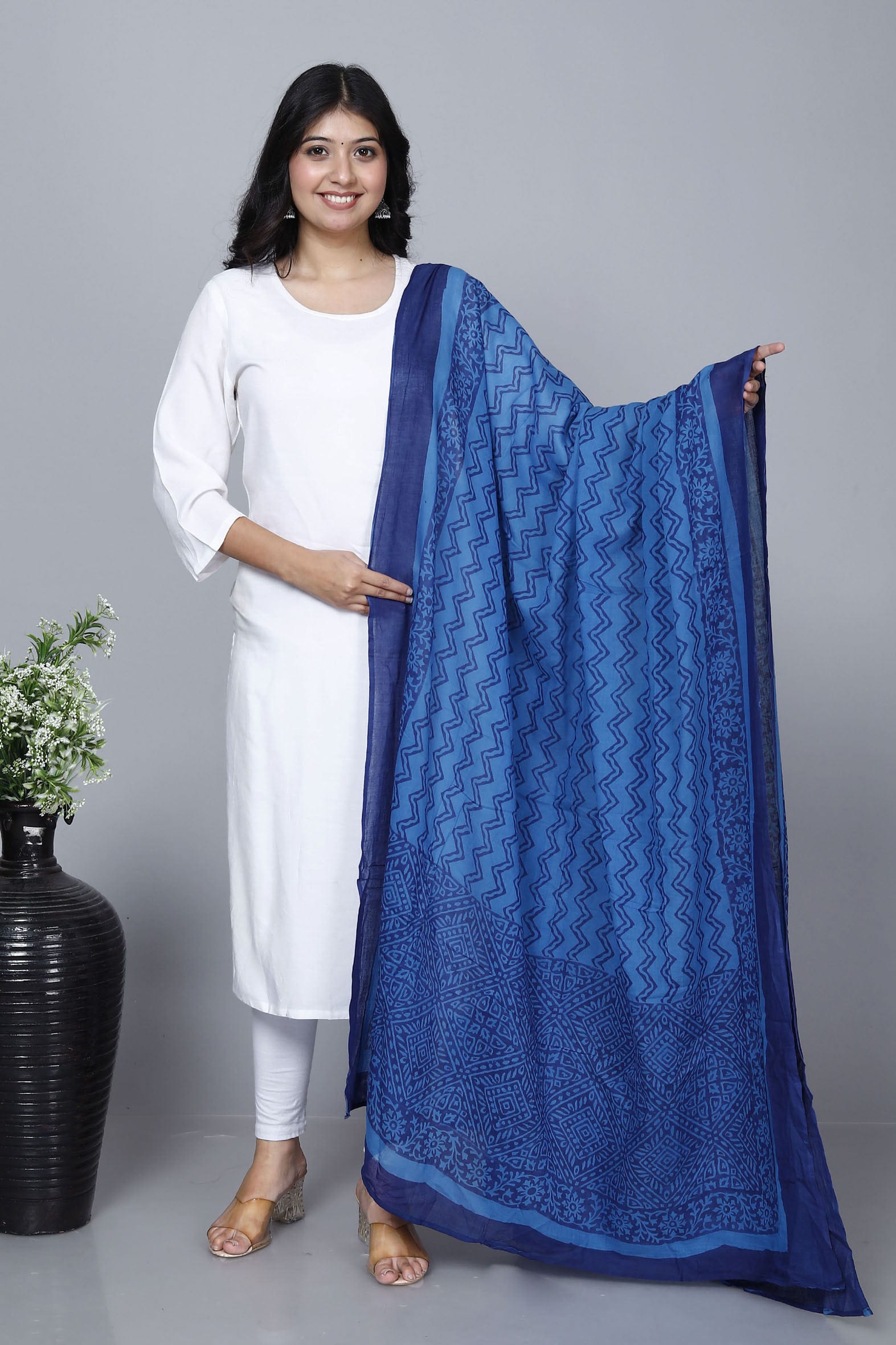 Beautiful Blue Hand Block Printed Mulmul Cotton Dupatta