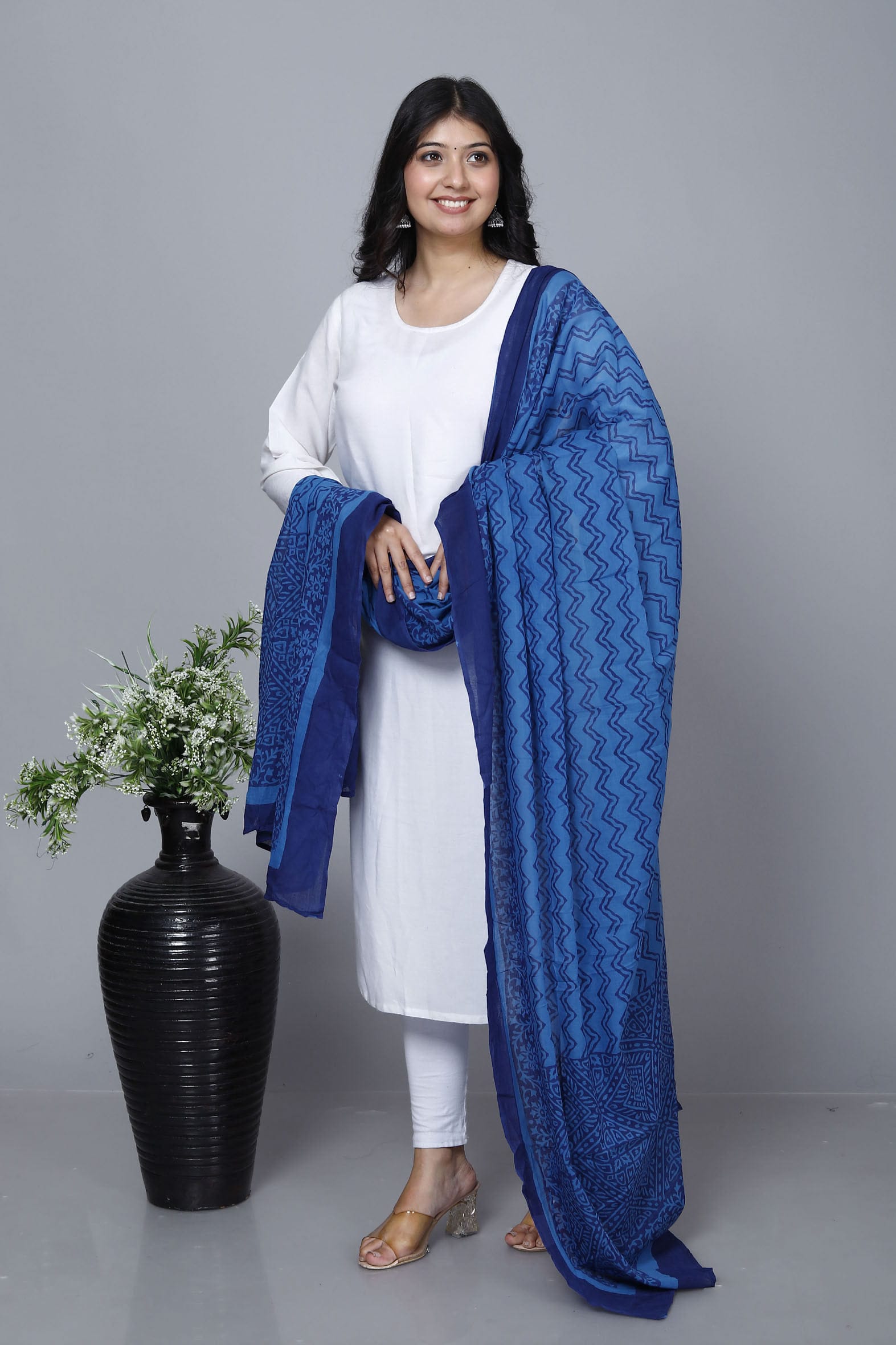 Beautiful Blue Hand Block Printed Mulmul Cotton Dupatta