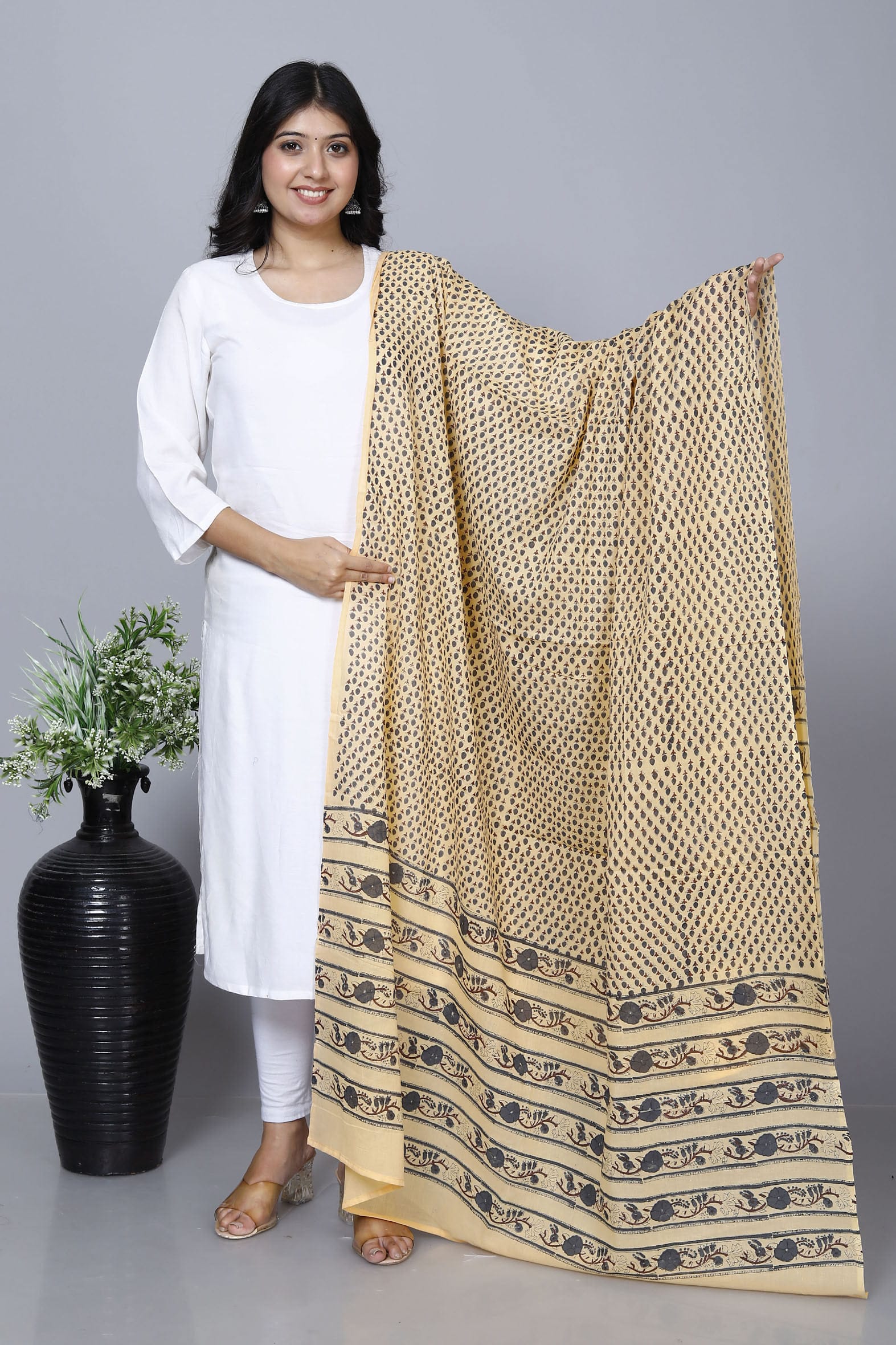 Elegant Beige Hand Block Printed Mulmul Cotton Dupatta