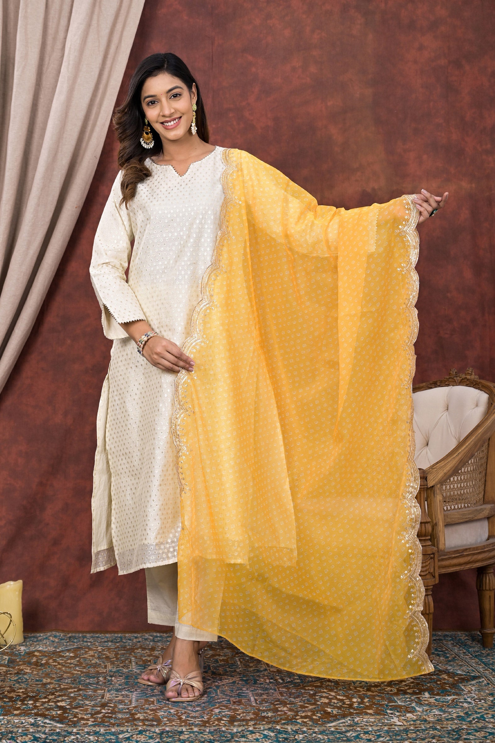 Regal White Chanderi Kurta Pant Set with Yellow Chiffon Dupatta