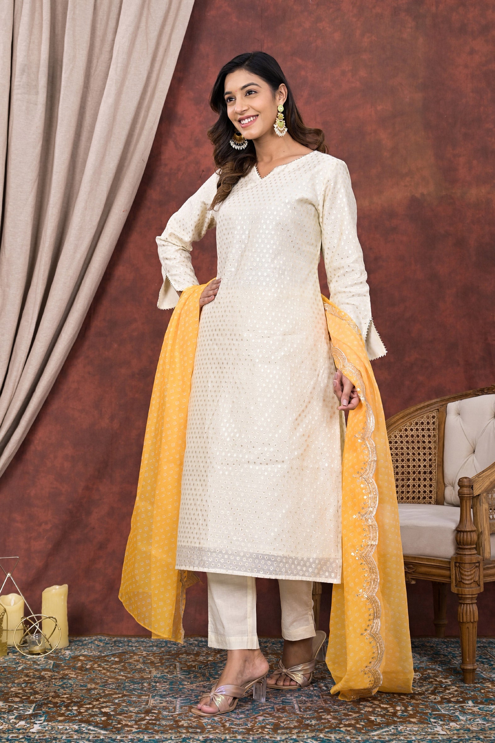 Regal White Chanderi Kurta Pant Set with Yellow Chiffon Dupatta