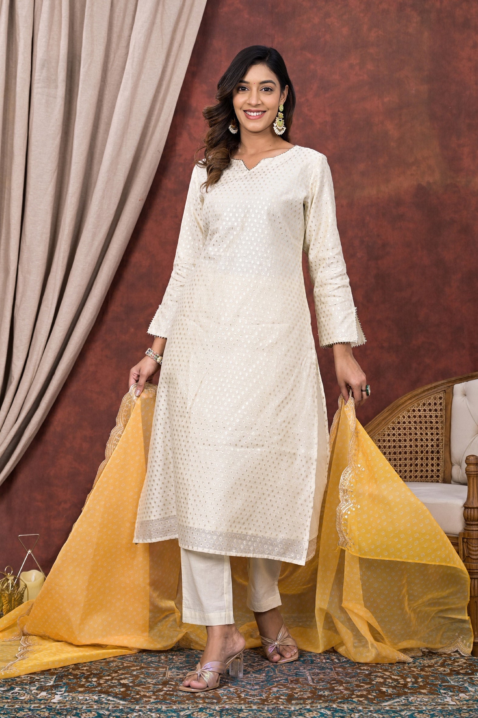 Regal White Chanderi Kurta Pant Set with Yellow Chiffon Dupatta