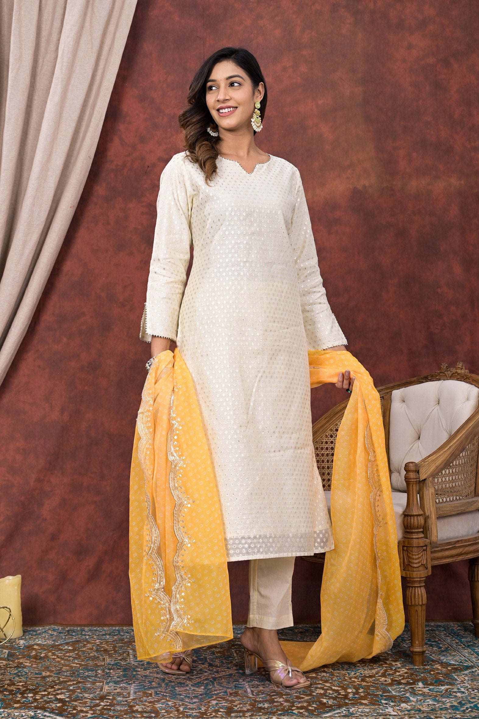 Regal White Chanderi Kurta Pant Set with Yellow Chiffon Dupatta