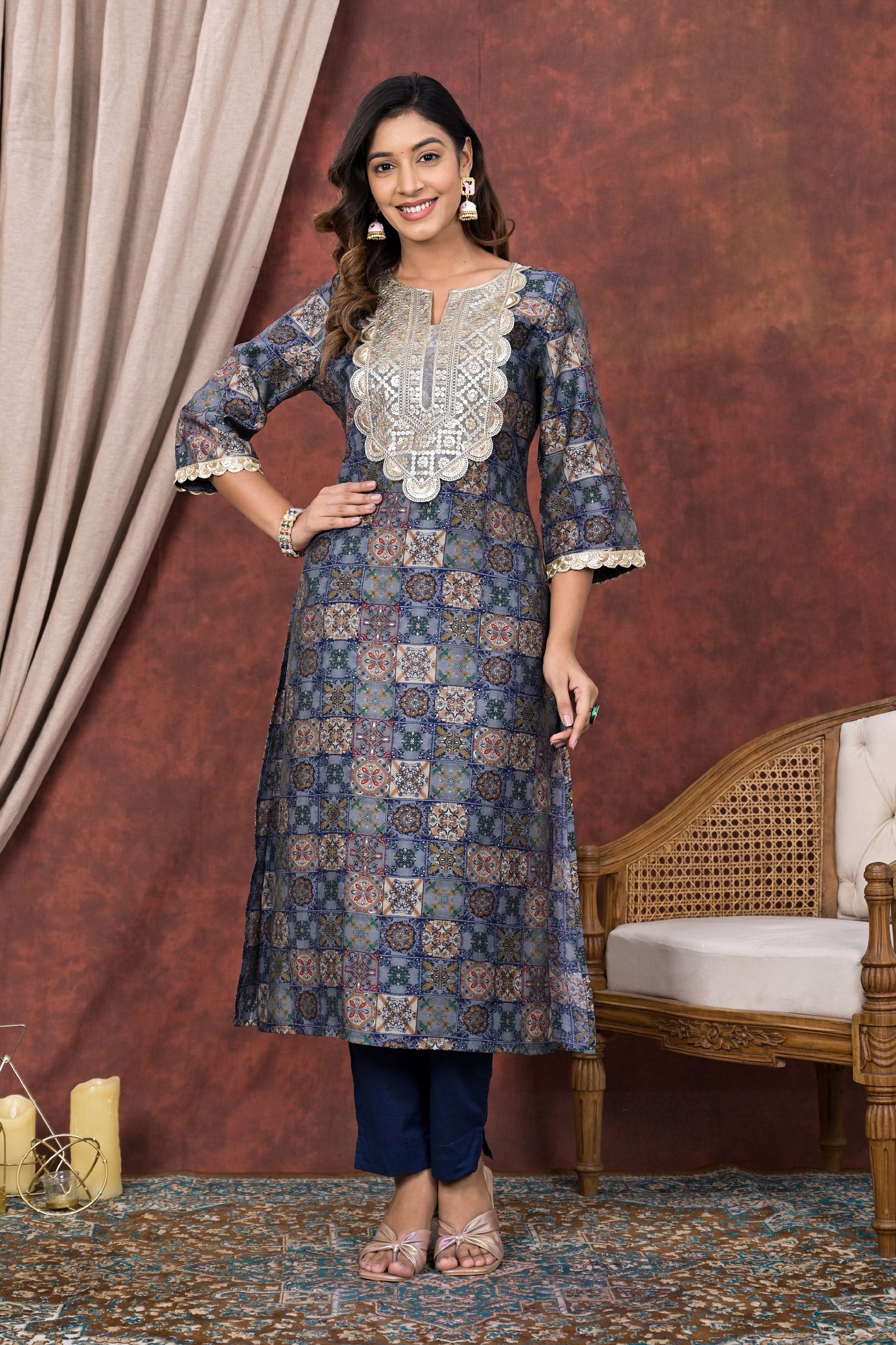 Exclusive Blue Digital Print Modal Chanderi Kurta Pant Set